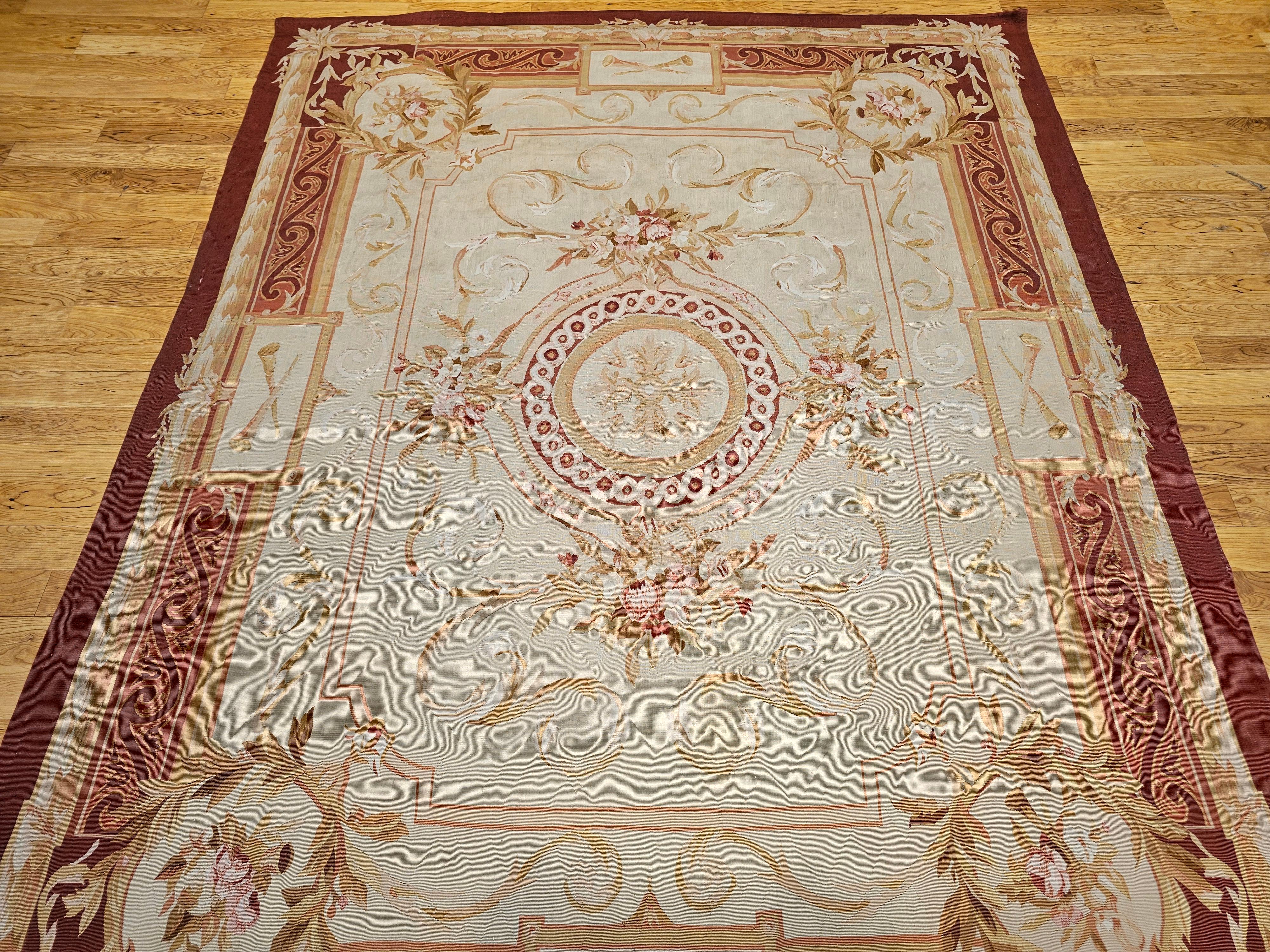 Wool 19th Century French Aubusson Tapestry Rug in Pale Green, Ivory, Pink, Brown, Tan For Sale