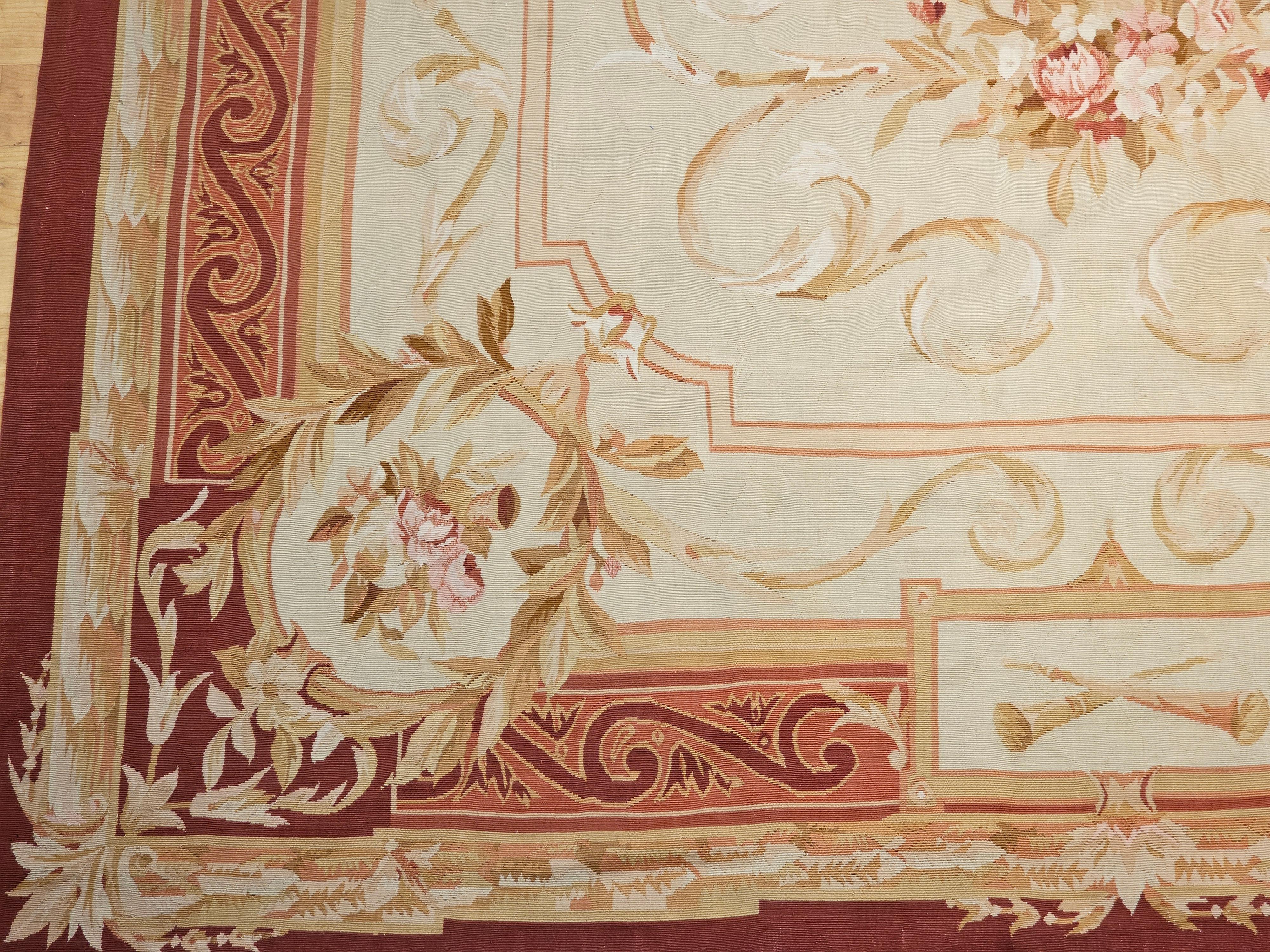 19th Century French Aubusson Tapestry Rug in Pale Green, Ivory, Pink, Brown, Tan For Sale 1