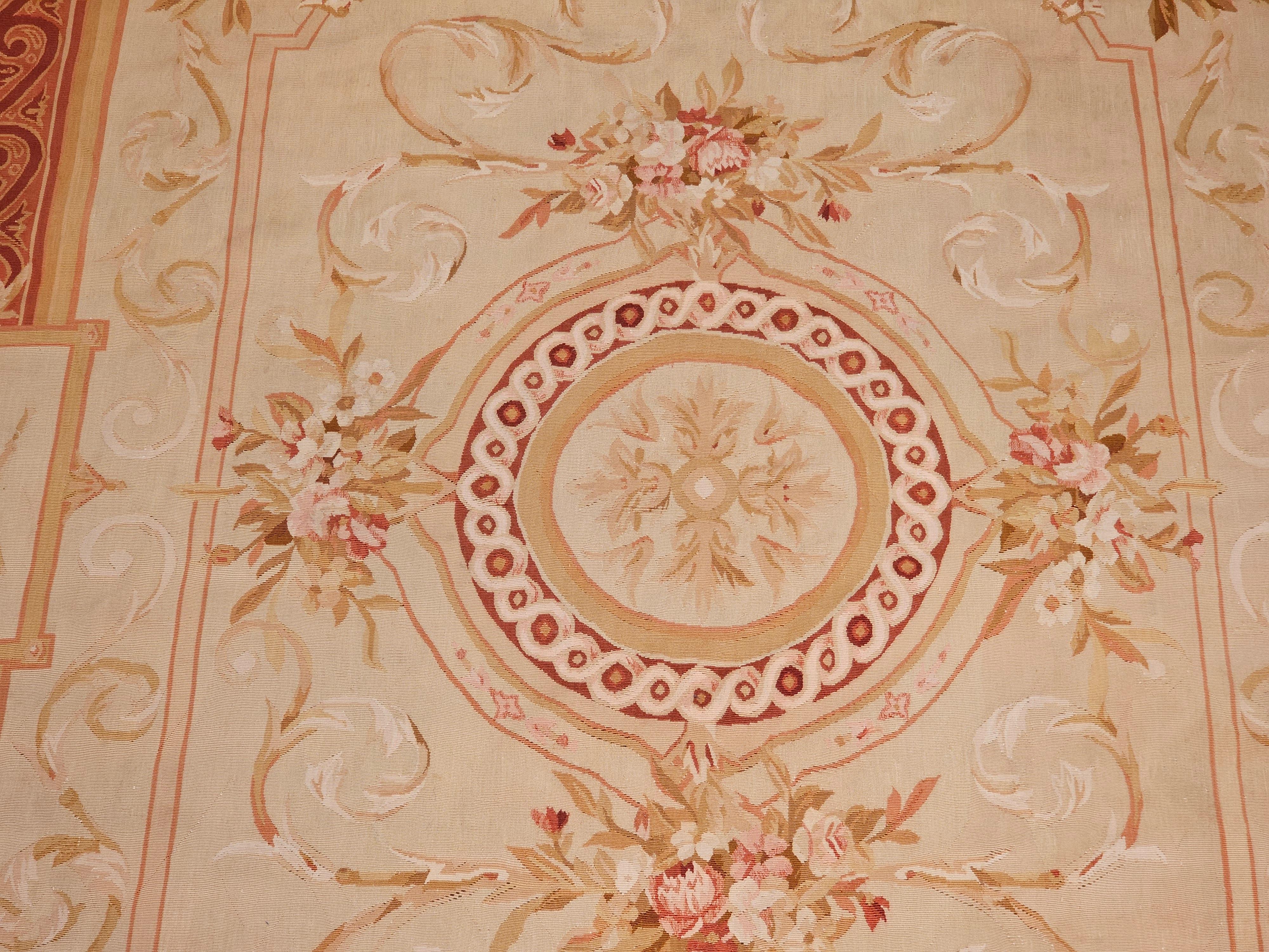 19th Century French Aubusson Tapestry Rug in Pale Green, Ivory, Pink, Brown, Tan For Sale 2