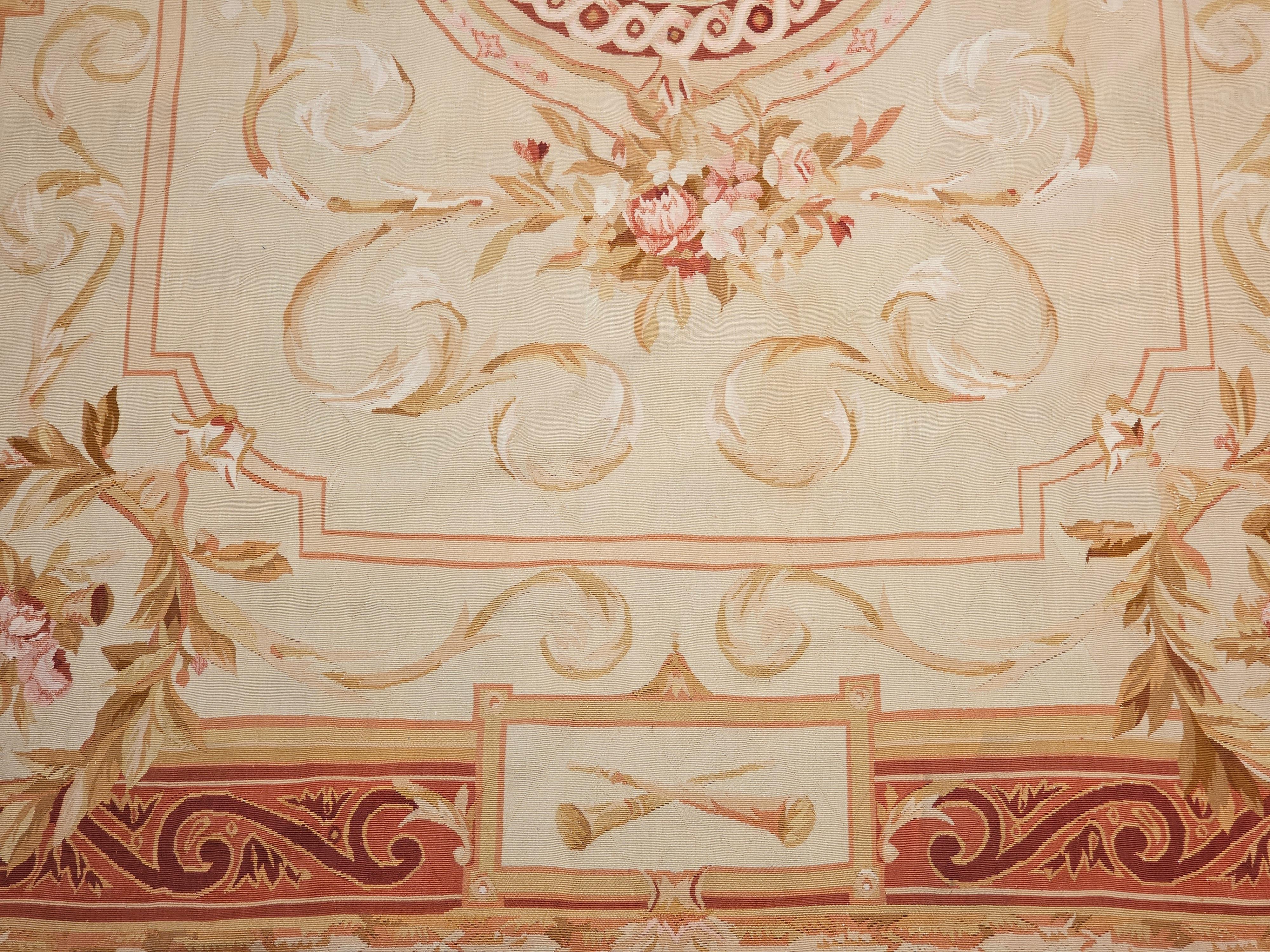19th Century French Aubusson Tapestry Rug in Pale Green, Ivory, Pink, Brown, Tan For Sale 3