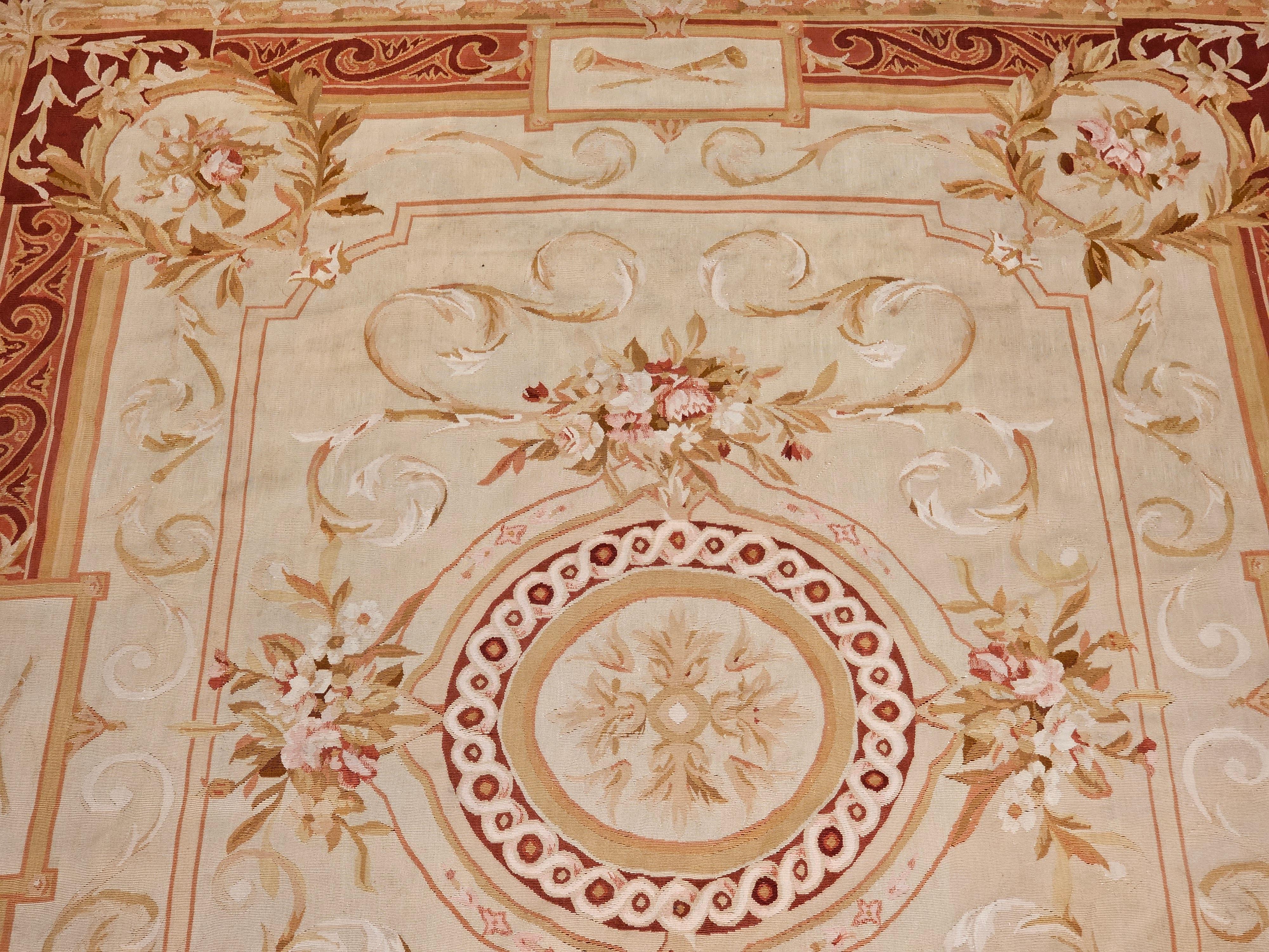 19th Century French Aubusson Tapestry Rug in Pale Green, Ivory, Pink, Brown, Tan For Sale 4