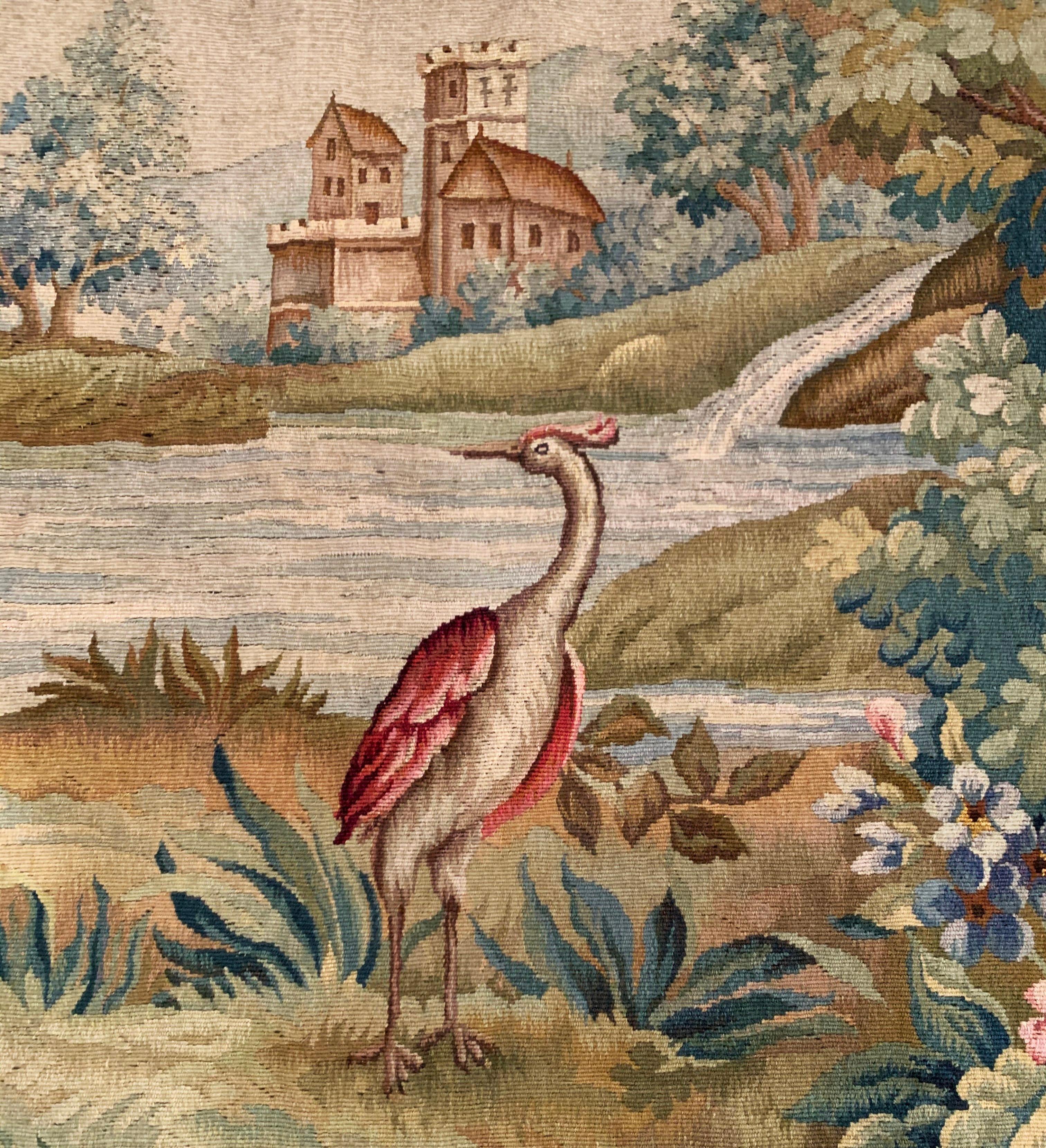 Hand-Woven 19th Century French Aubusson Verdure Tapestry with Birds, Foliage and Farmhouse