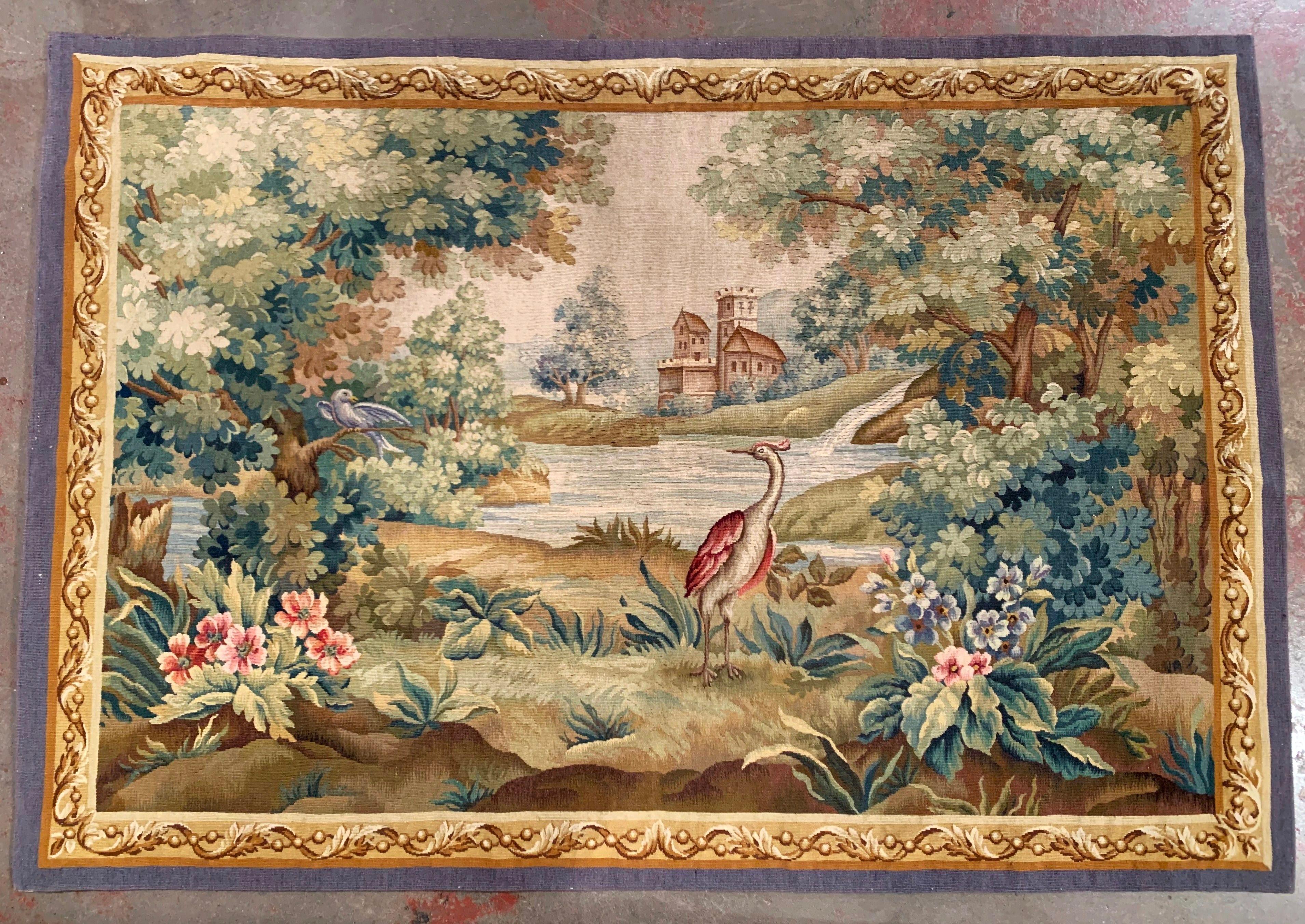 19th Century French Aubusson Verdure Tapestry with Birds, Foliage and Farmhouse In Excellent Condition In Dallas, TX