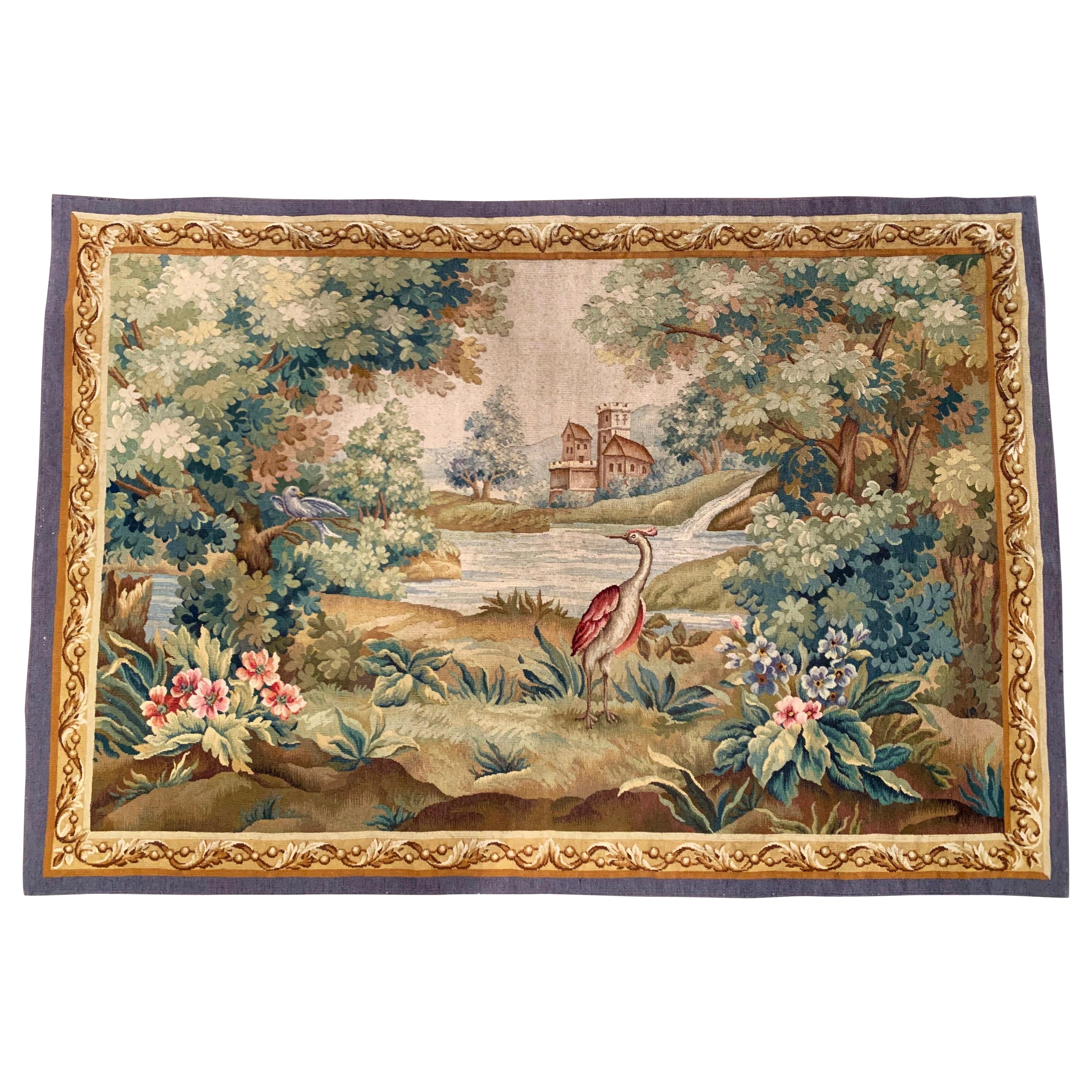 19th Century French Aubusson Verdure Tapestry with Birds, Foliage and Farmhouse