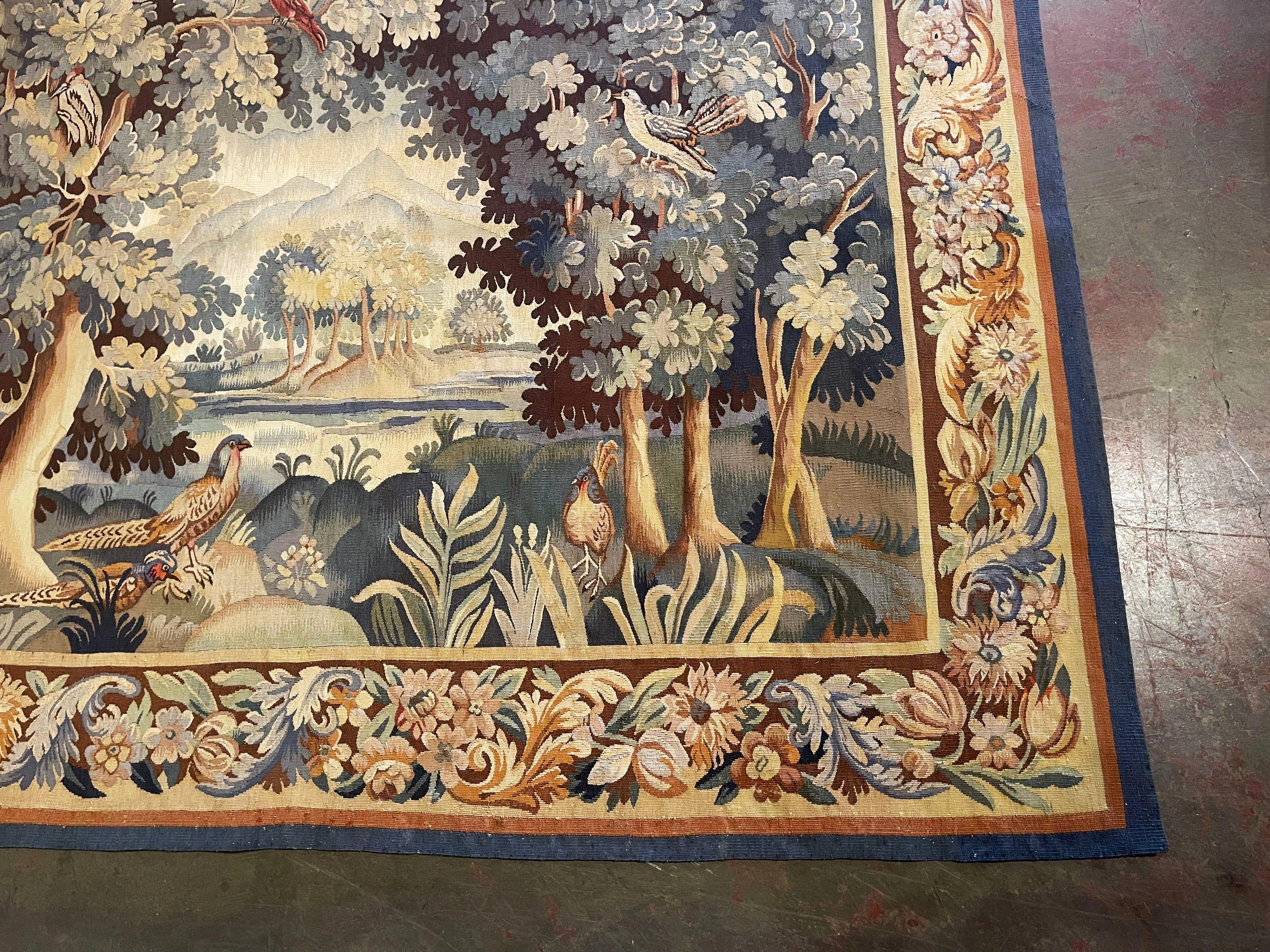 Hand-Woven 19th Century French Aubusson Verdure Tapestry with Foliage, Birds and Pond