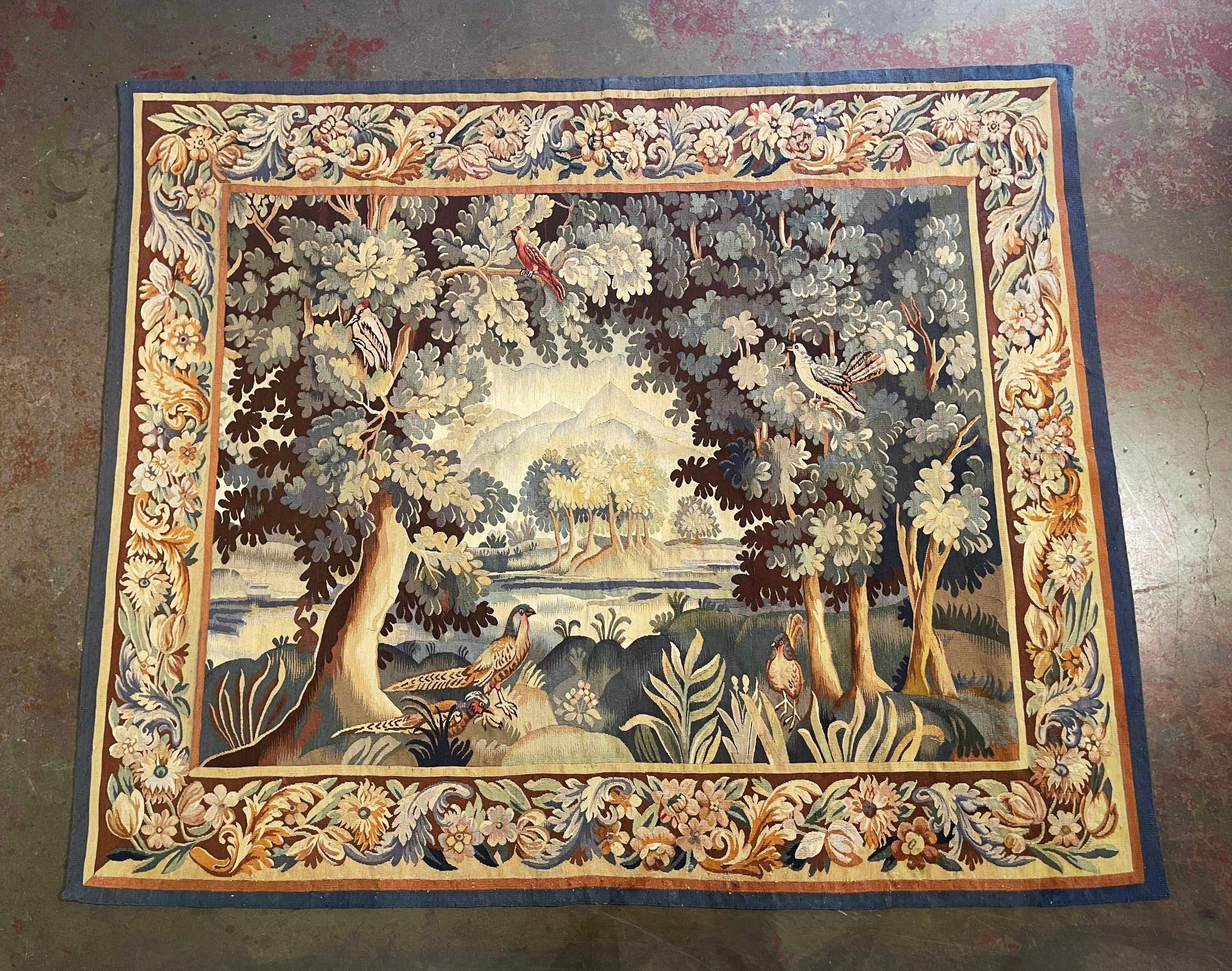 19th Century French Aubusson Verdure Tapestry with Foliage, Birds and Pond In Excellent Condition In Dallas, TX