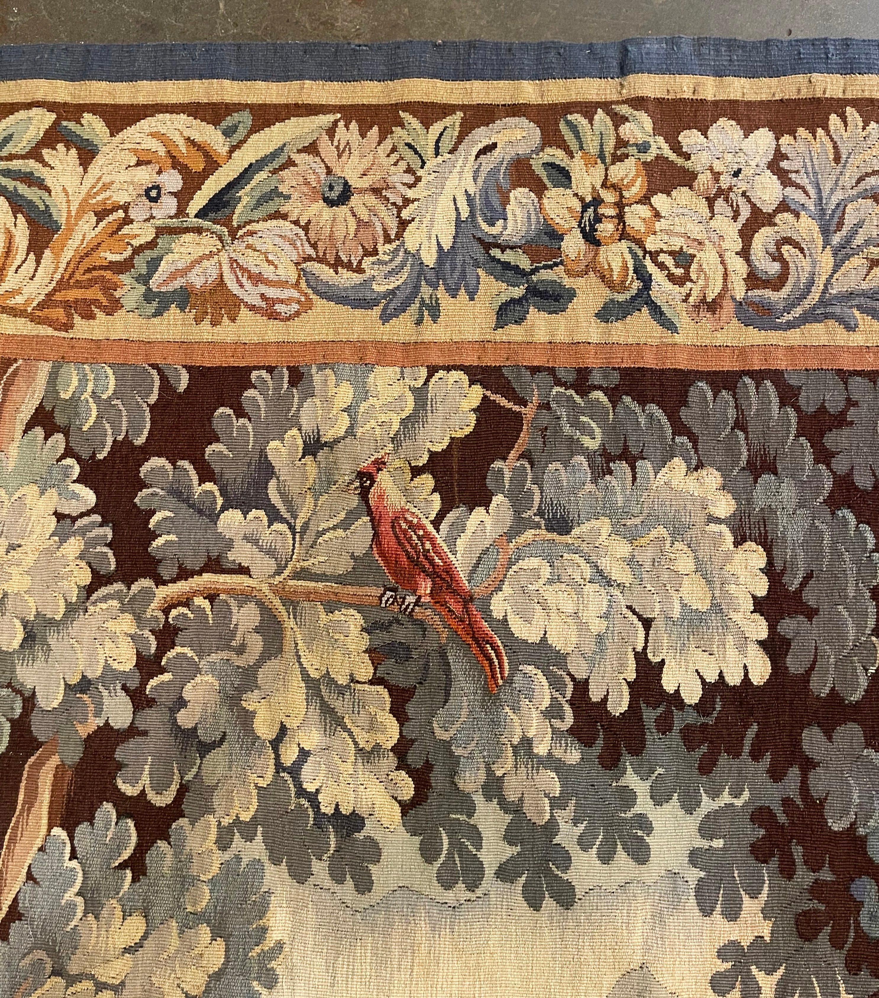 19th Century French Aubusson Verdure Tapestry with Foliage, Birds and Pond 1