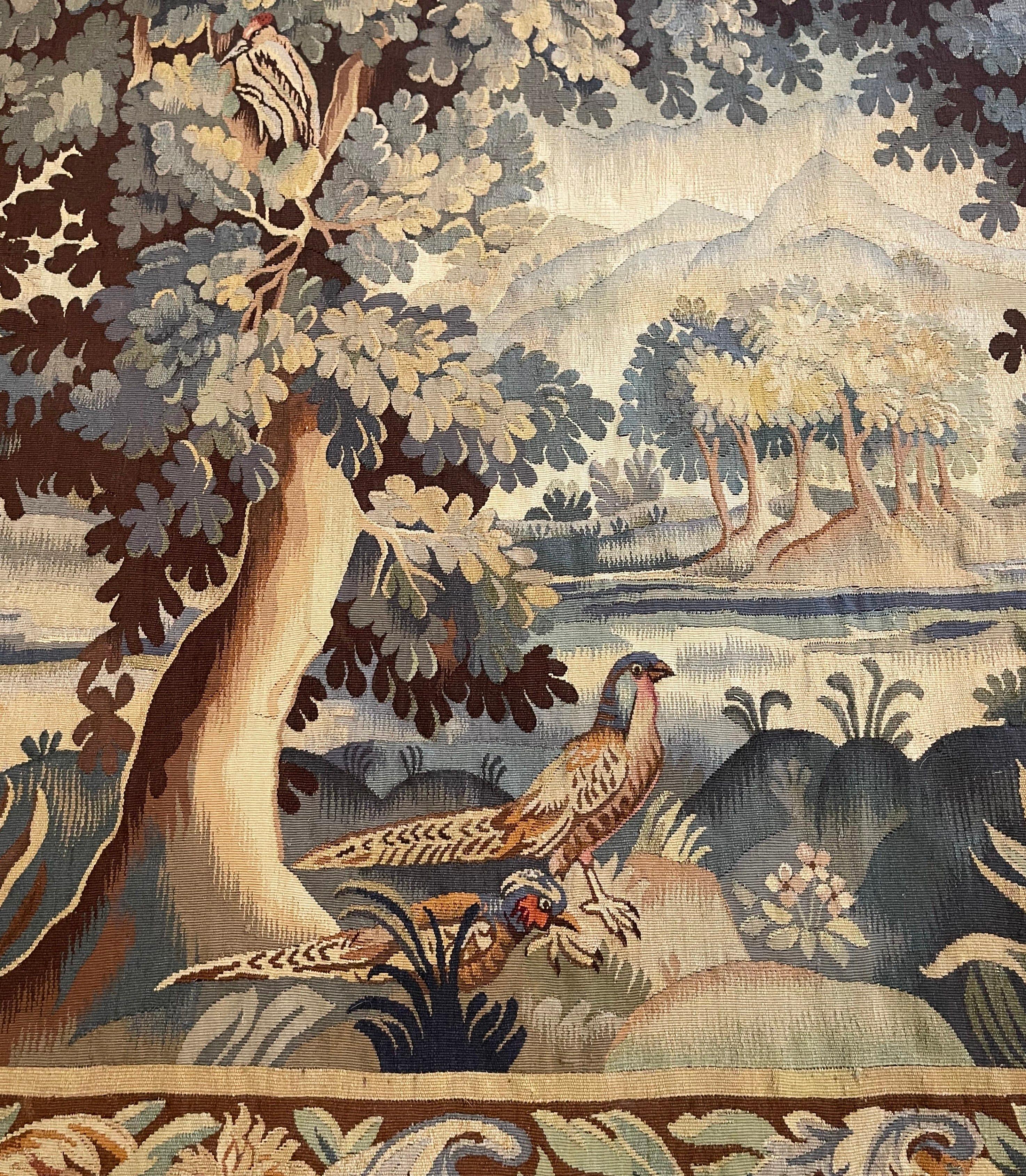 19th Century French Aubusson Verdure Tapestry with Foliage, Birds and Pond 4