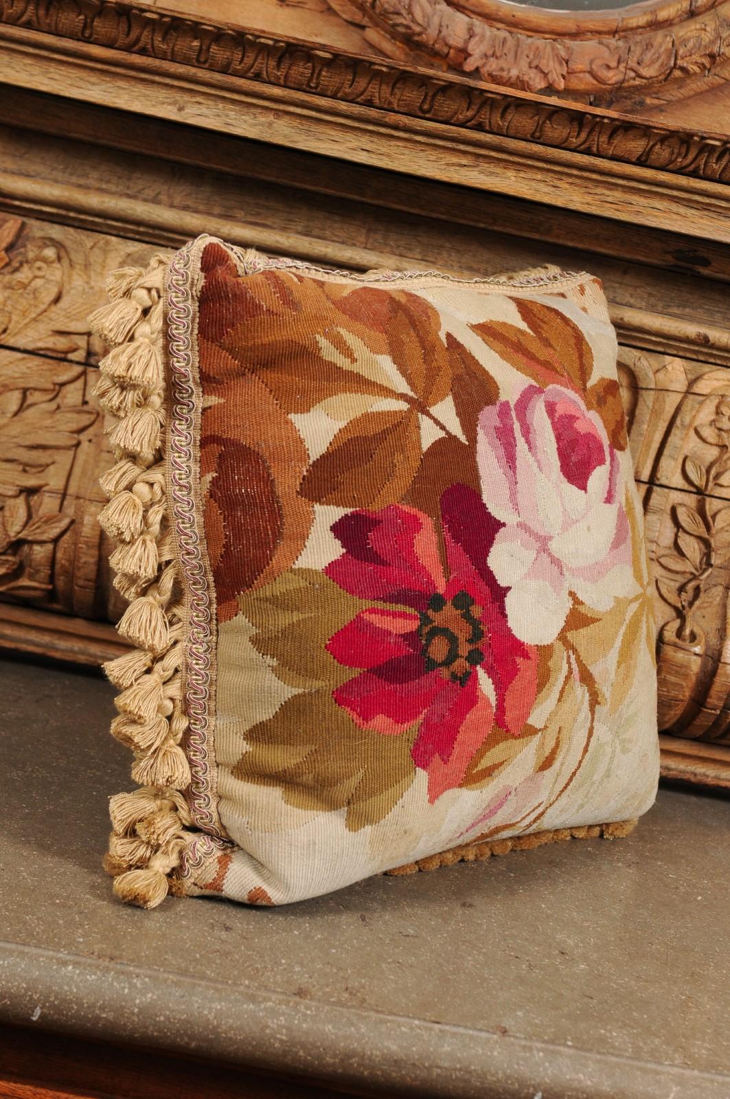 19th Century French Aubusson Woven Tapestry Pillow with Floral Décor and Tassels For Sale 1