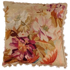 Antique 19th Century French Aubusson Woven Tapestry Pillow with Floral Décor and Tassels