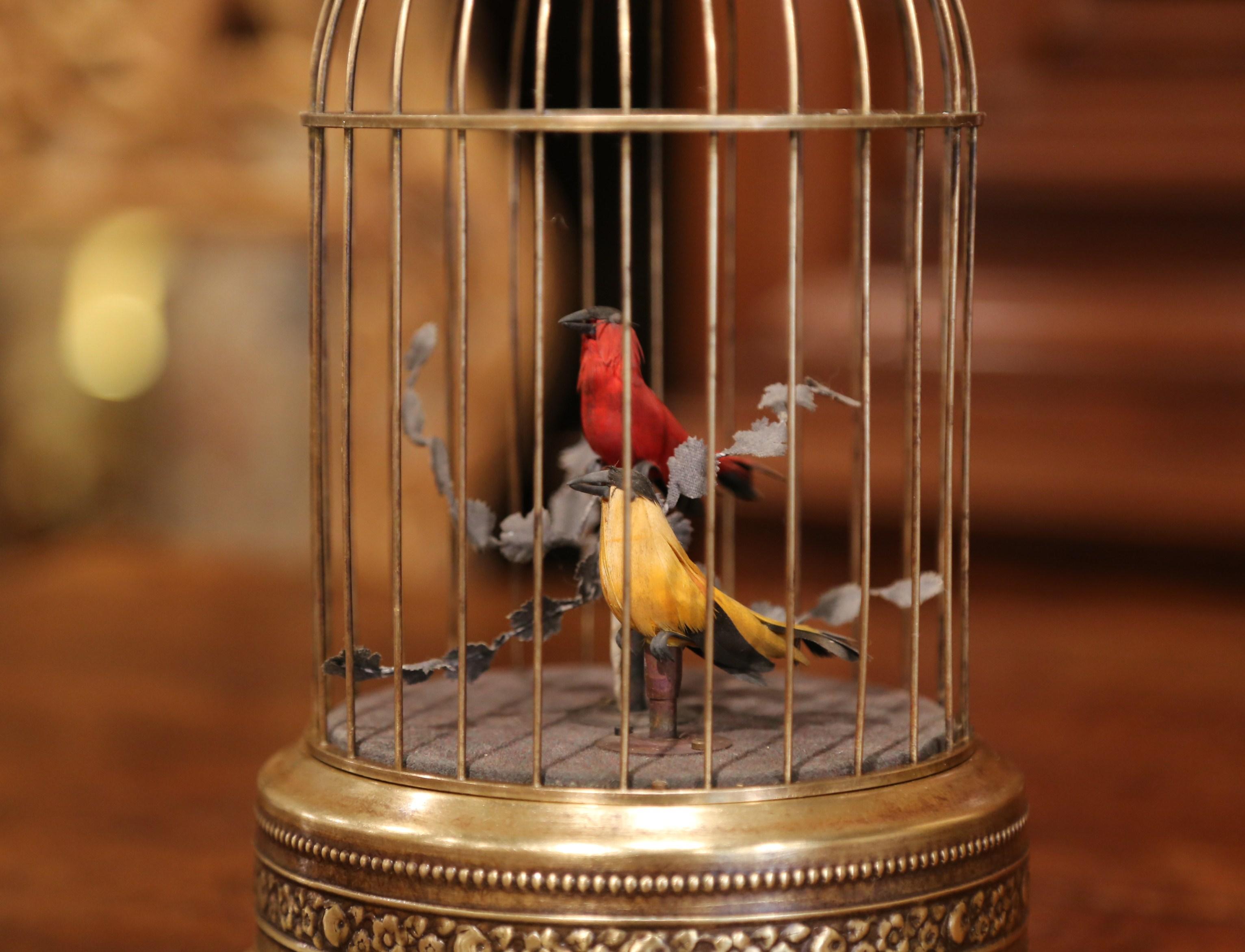 Hand-Crafted 19th Century French Automaton Brass Cage with Two Singing Birds
