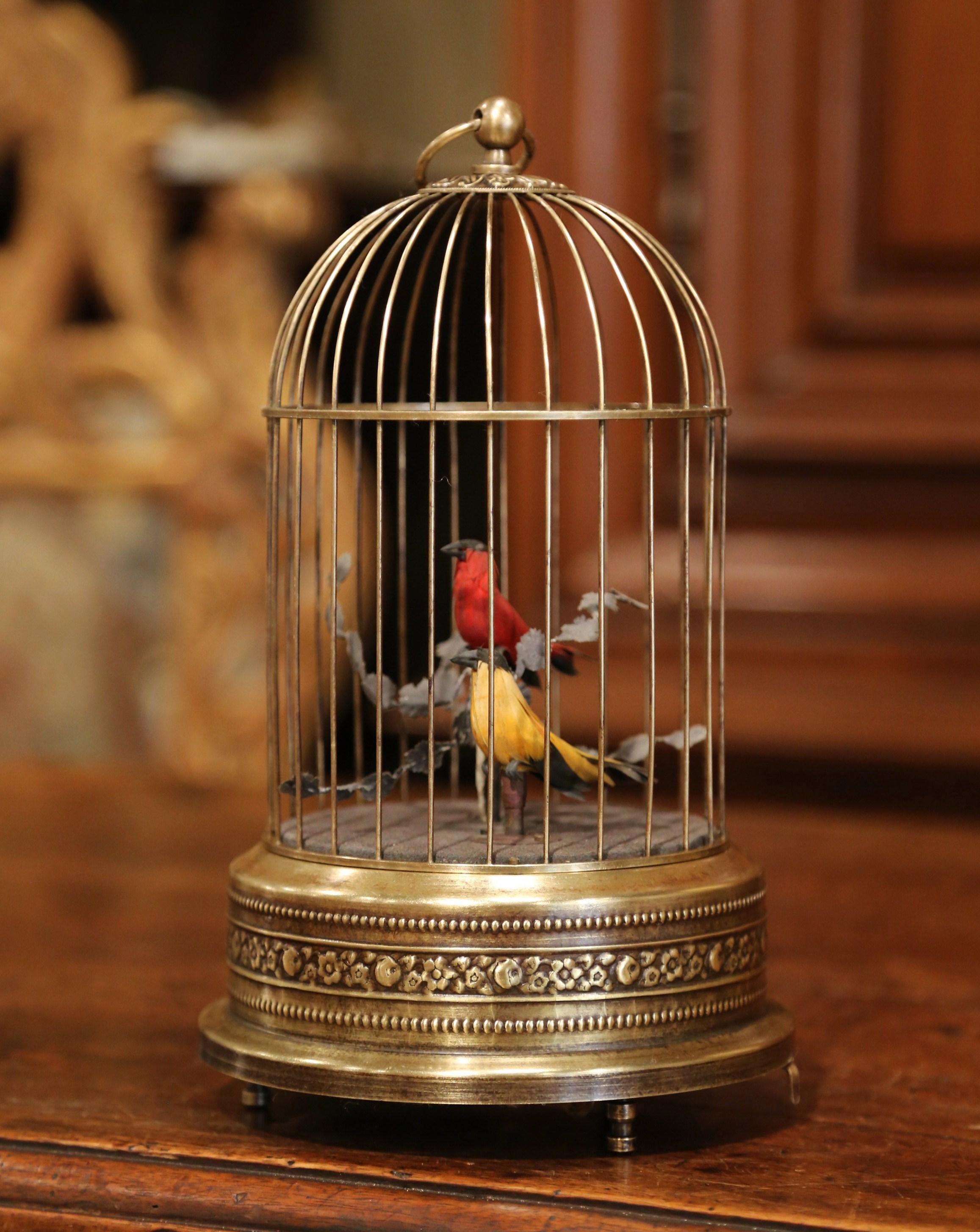 19th Century French Automaton Brass Cage with Two Singing Birds In Excellent Condition In Dallas, TX