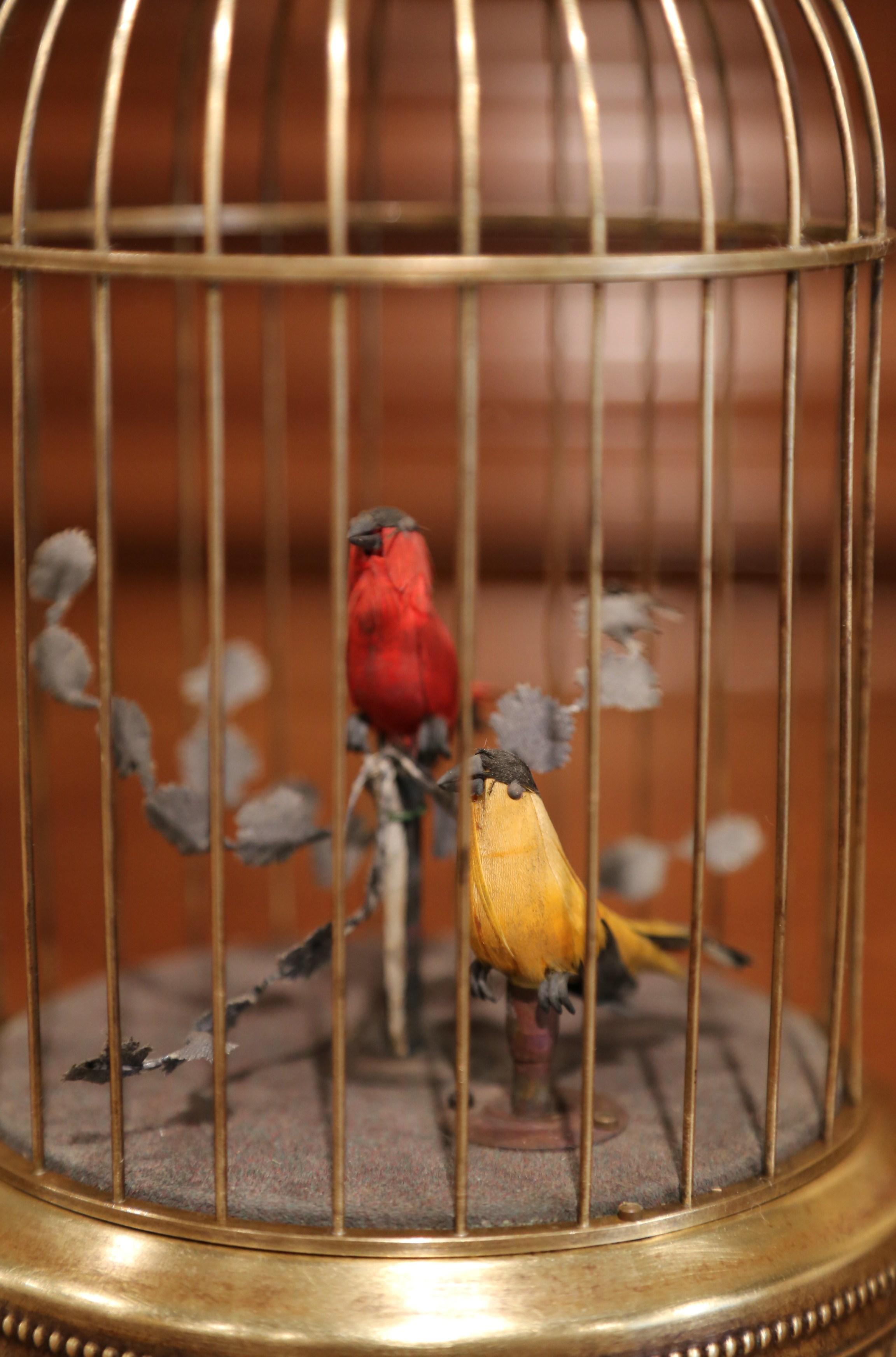 19th Century French Automaton Brass Cage with Two Singing Birds 1