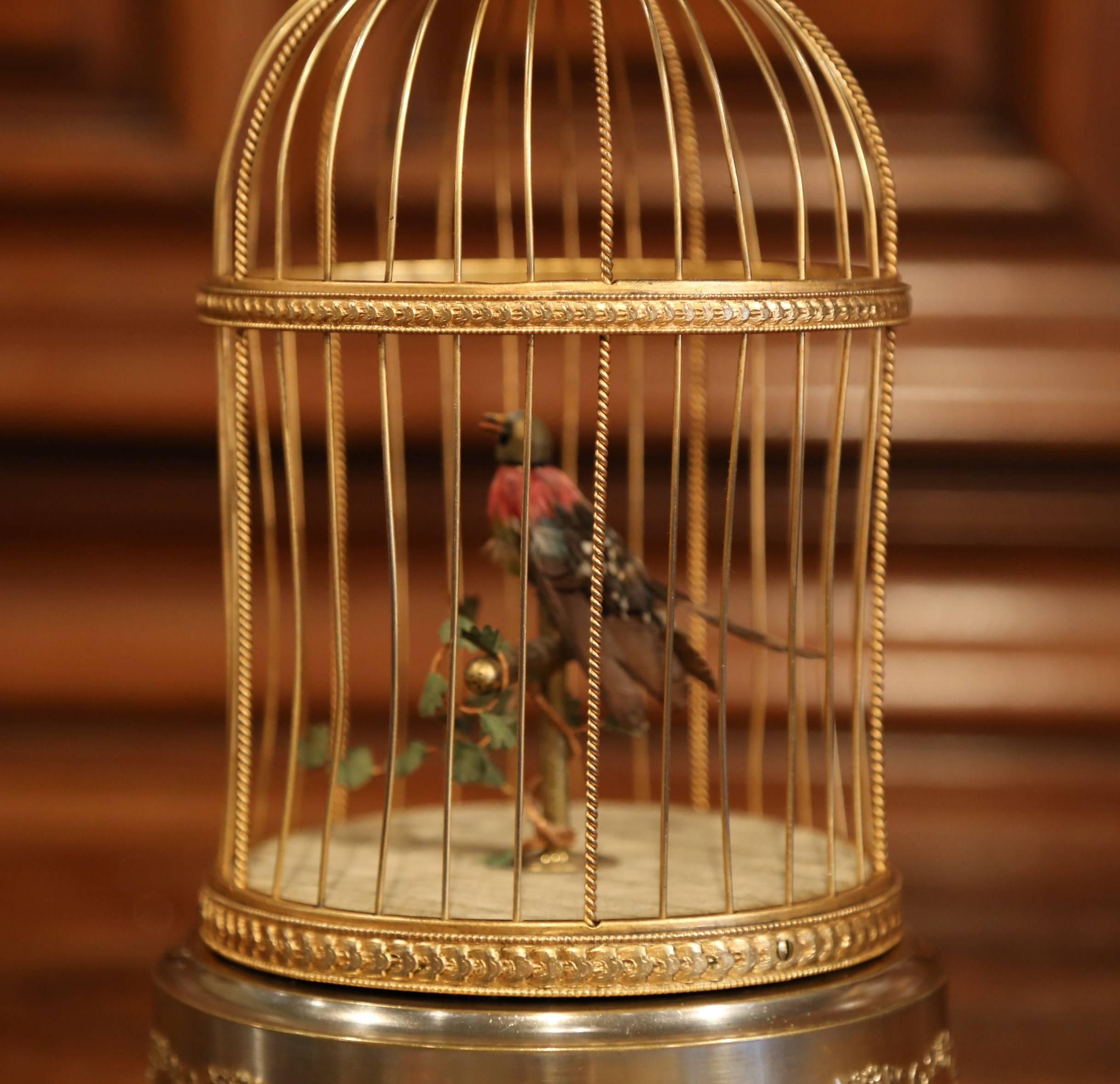 Hand-Crafted 19th Century French Automaton Singing Bird in Brass Cage