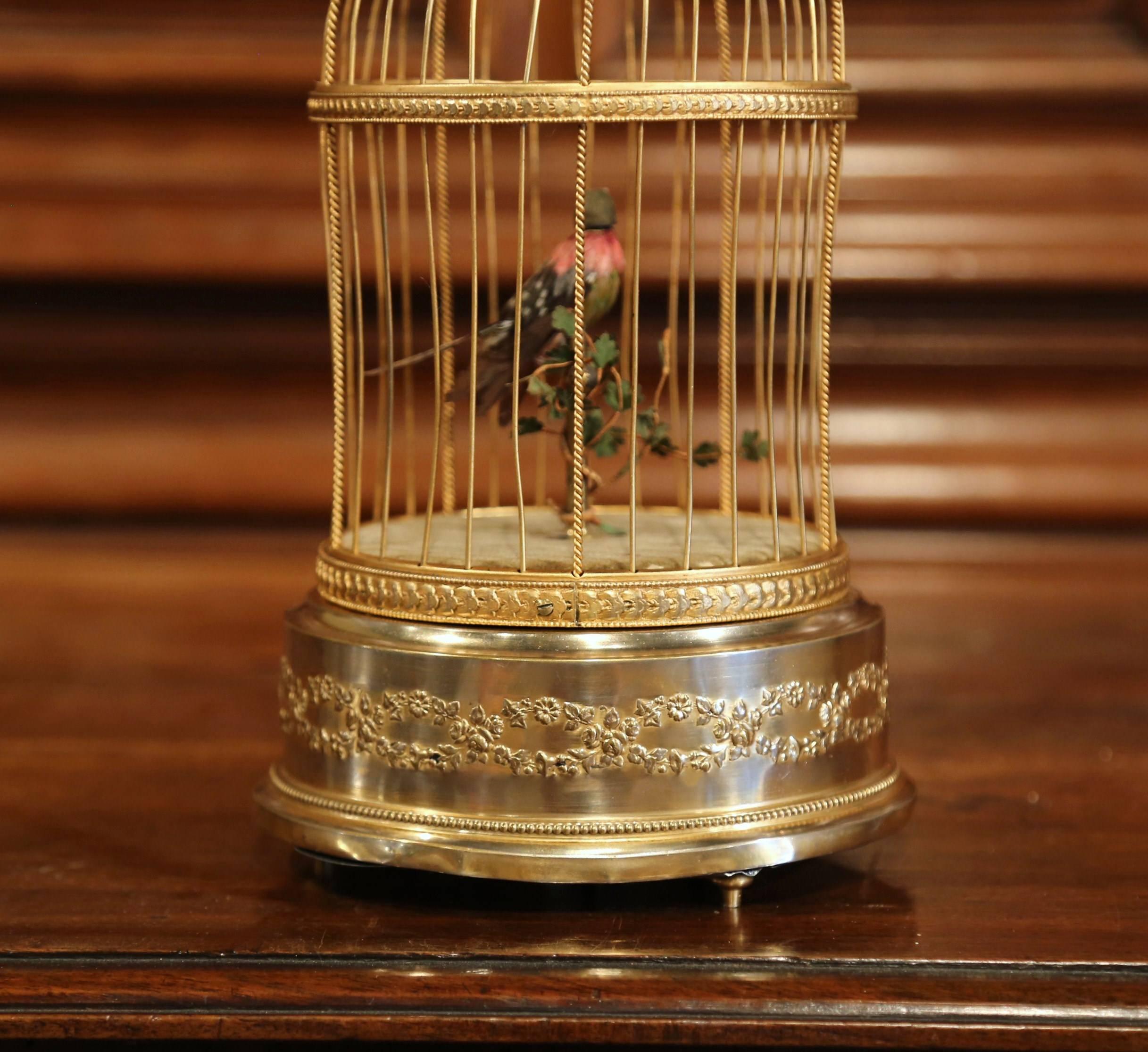 19th Century French Automaton Singing Bird in Brass Cage 2