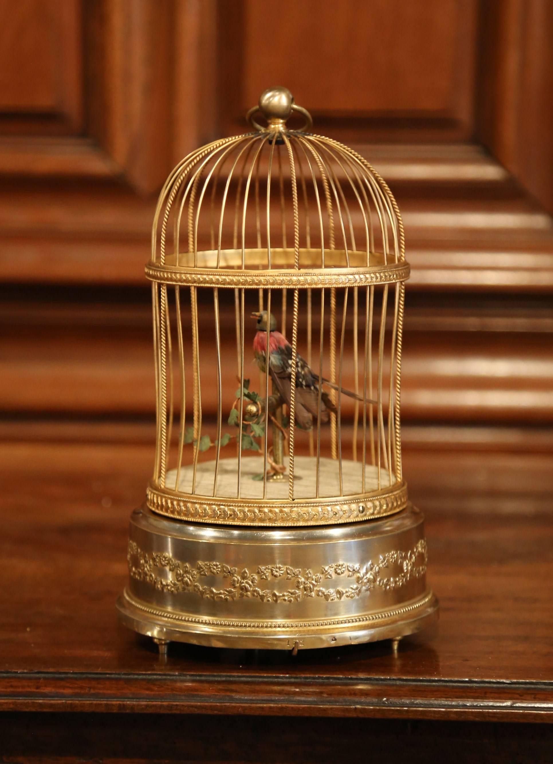 19th Century French Automaton Singing Bird in Brass Cage 3