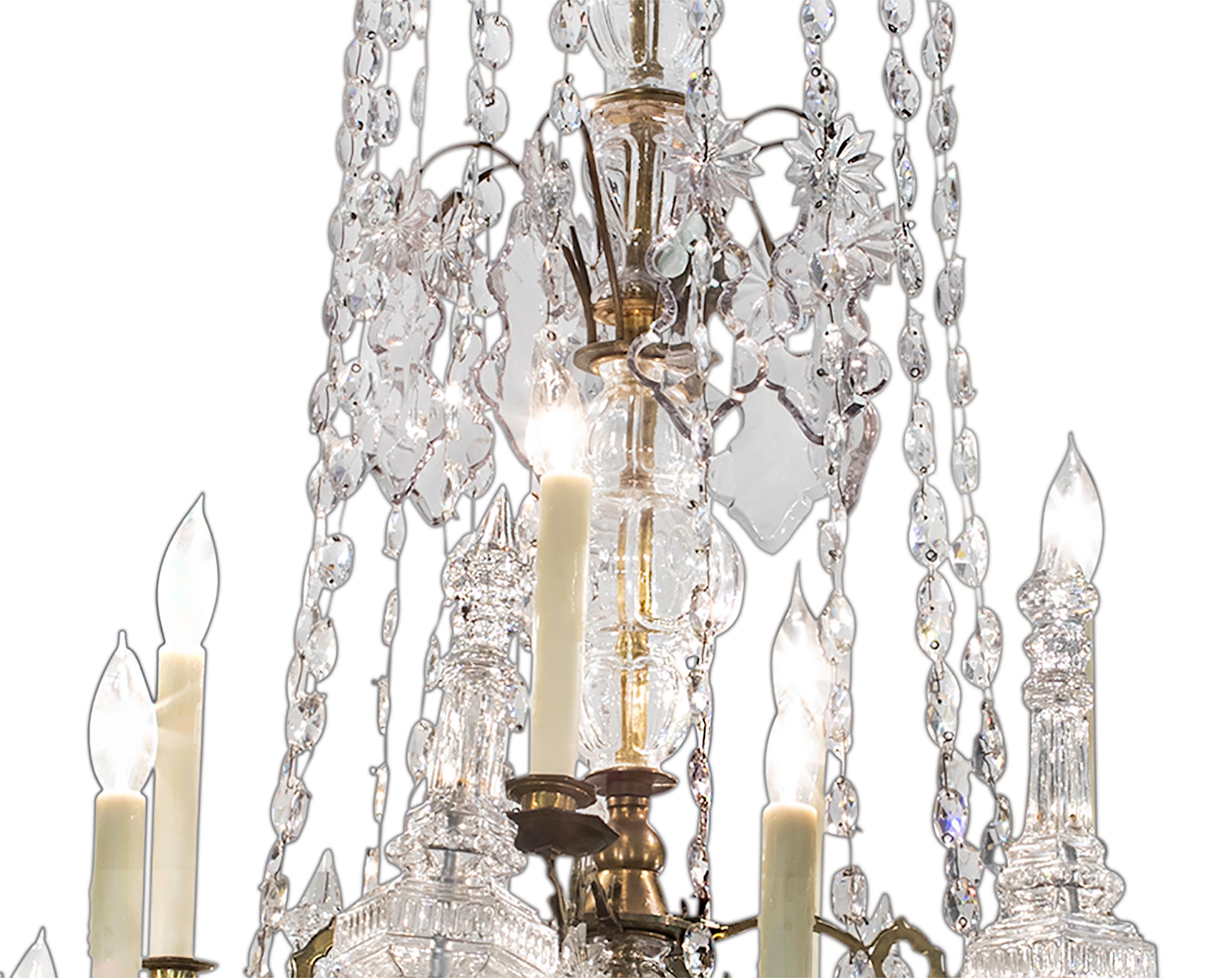 Exceptionally beautiful and elegant early 19th century French Baccarat chandelier. 12 lights with multifaceted crystals, bronze frame chandelier. Gracefully tiered basket shape with eight towering crystal poigards, finishing with large crystal ball