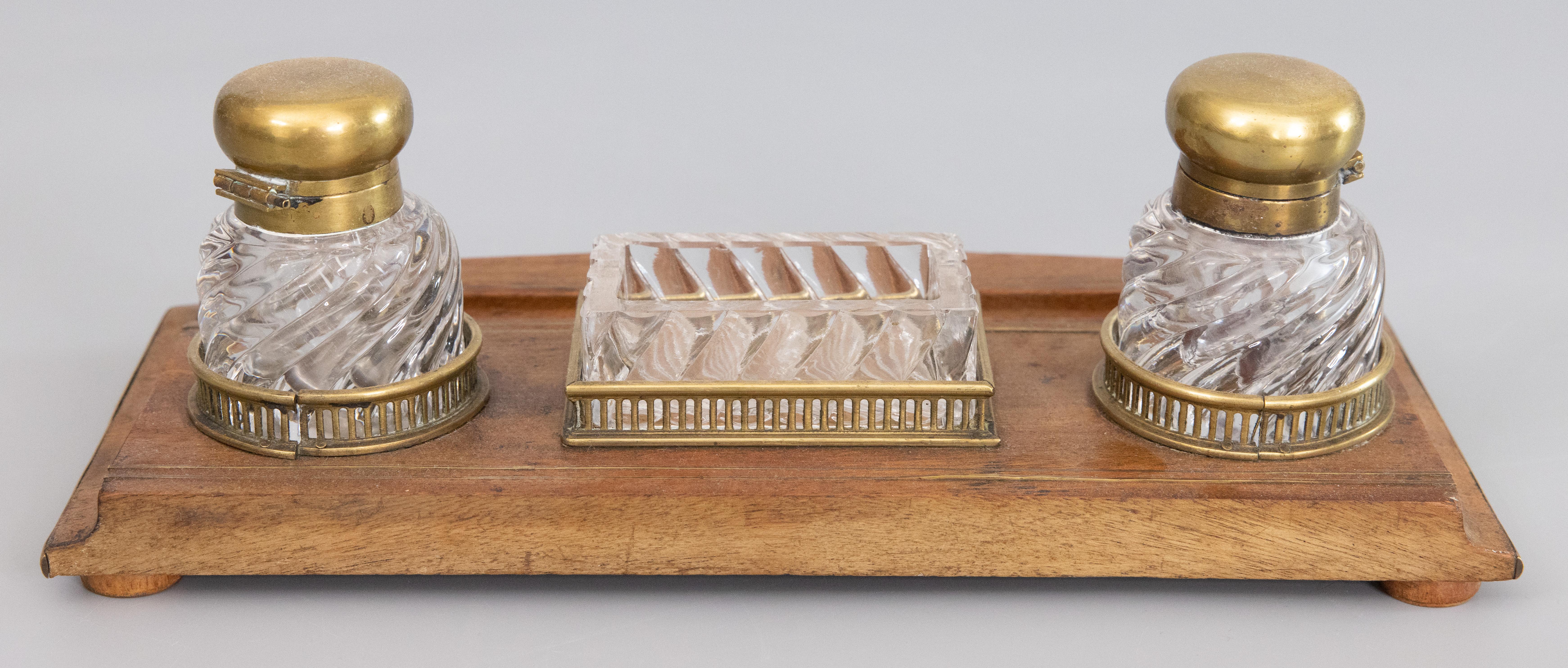 Brass 19th Century French Baccarat Crystal & Oak Double Inkwell Inkstand Desk Set For Sale