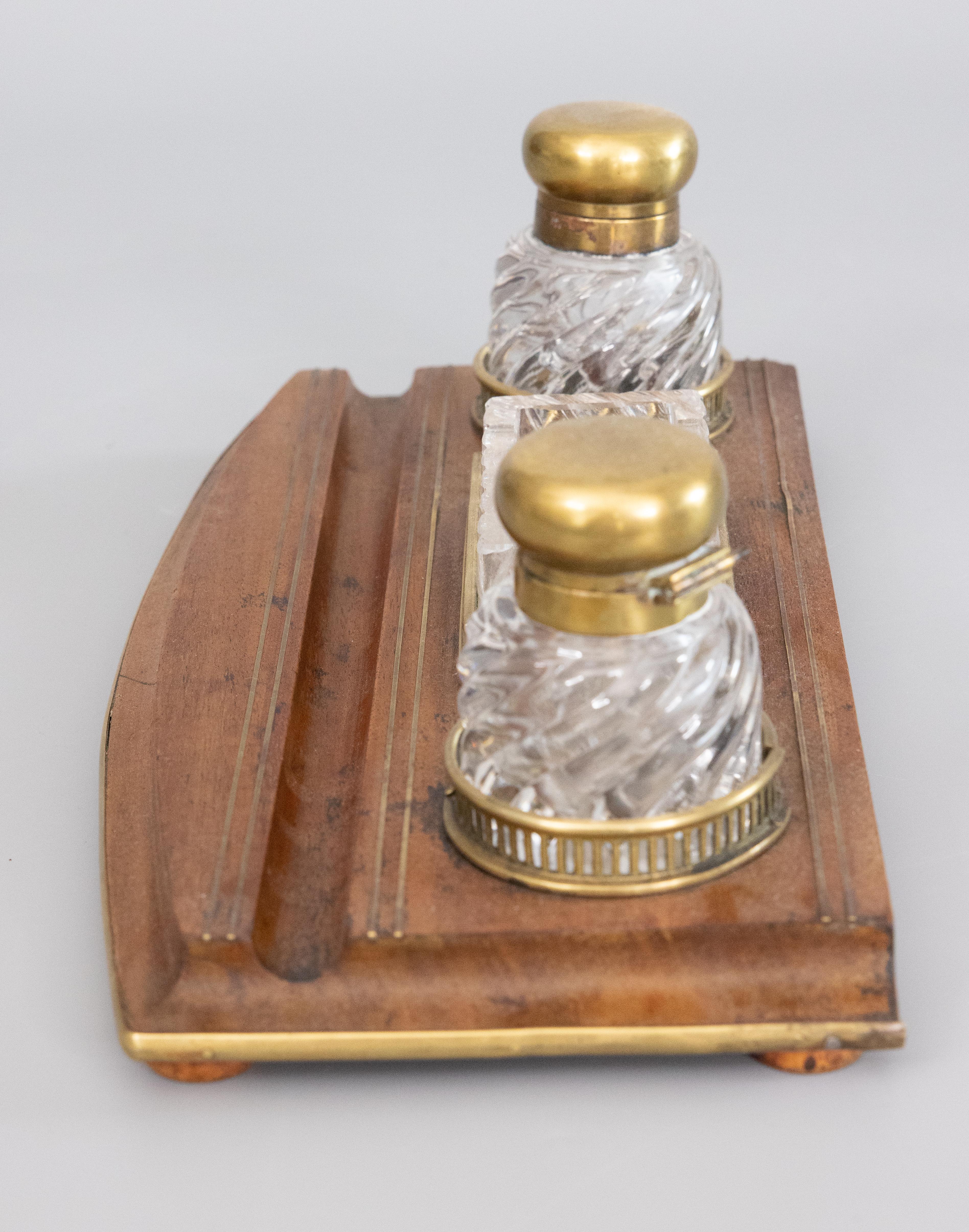 19th Century French Baccarat Crystal & Oak Double Inkwell Inkstand Desk Set For Sale 1
