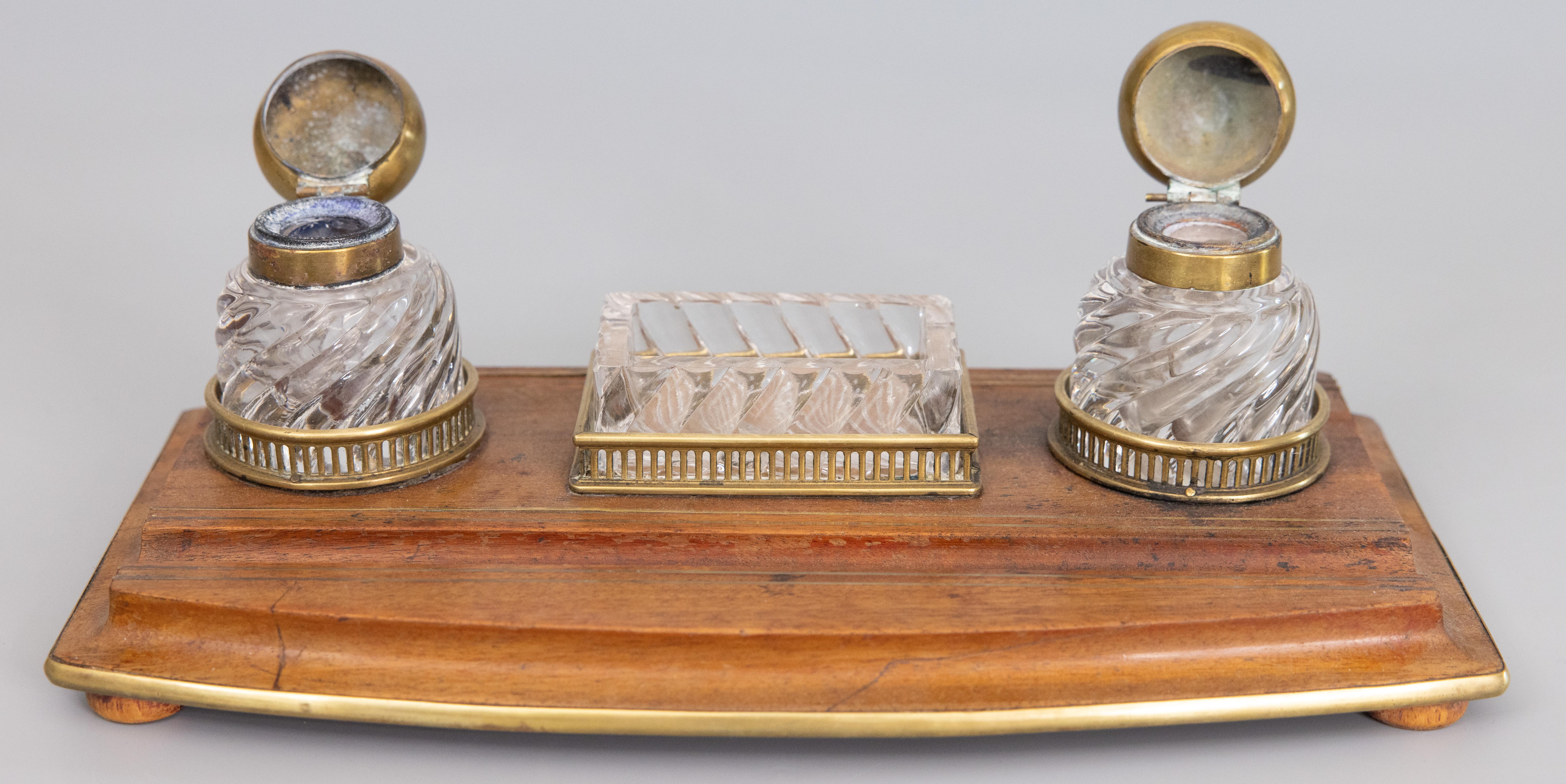 19th Century French Baccarat Crystal & Oak Double Inkwell Inkstand Desk Set For Sale 2