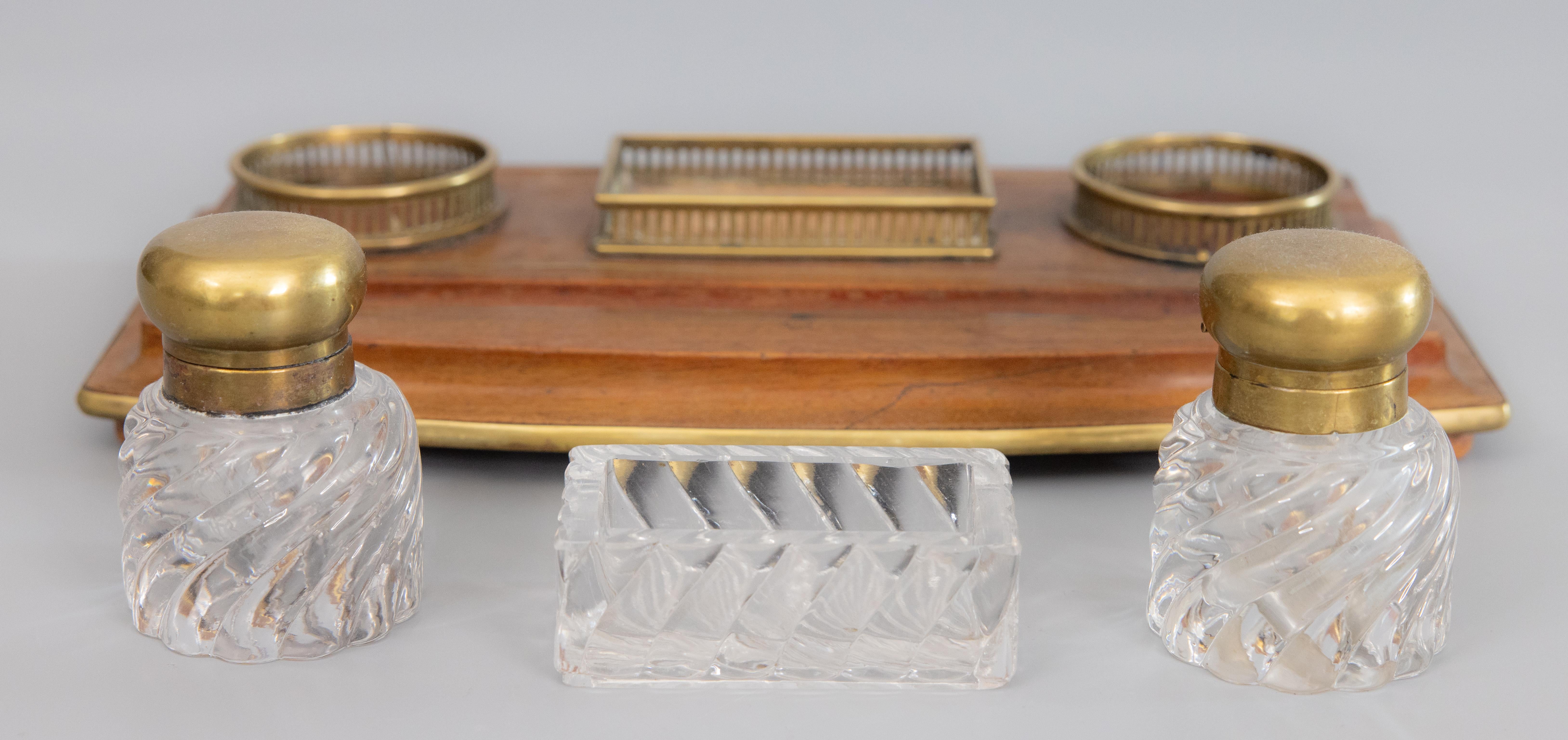 19th Century French Baccarat Crystal & Oak Double Inkwell Inkstand Desk Set For Sale 3