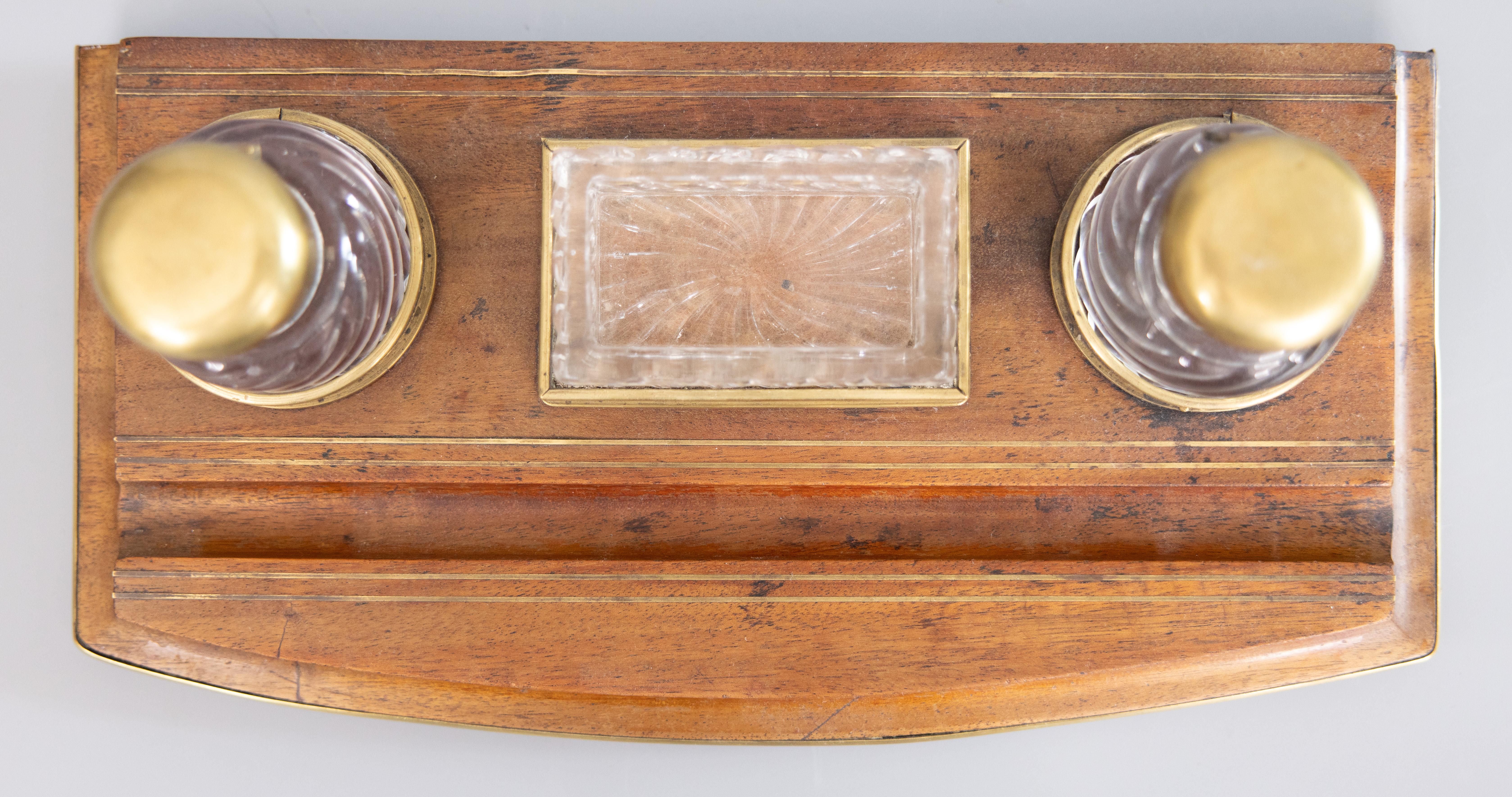 19th Century French Baccarat Crystal & Oak Double Inkwell Inkstand Desk Set For Sale 4