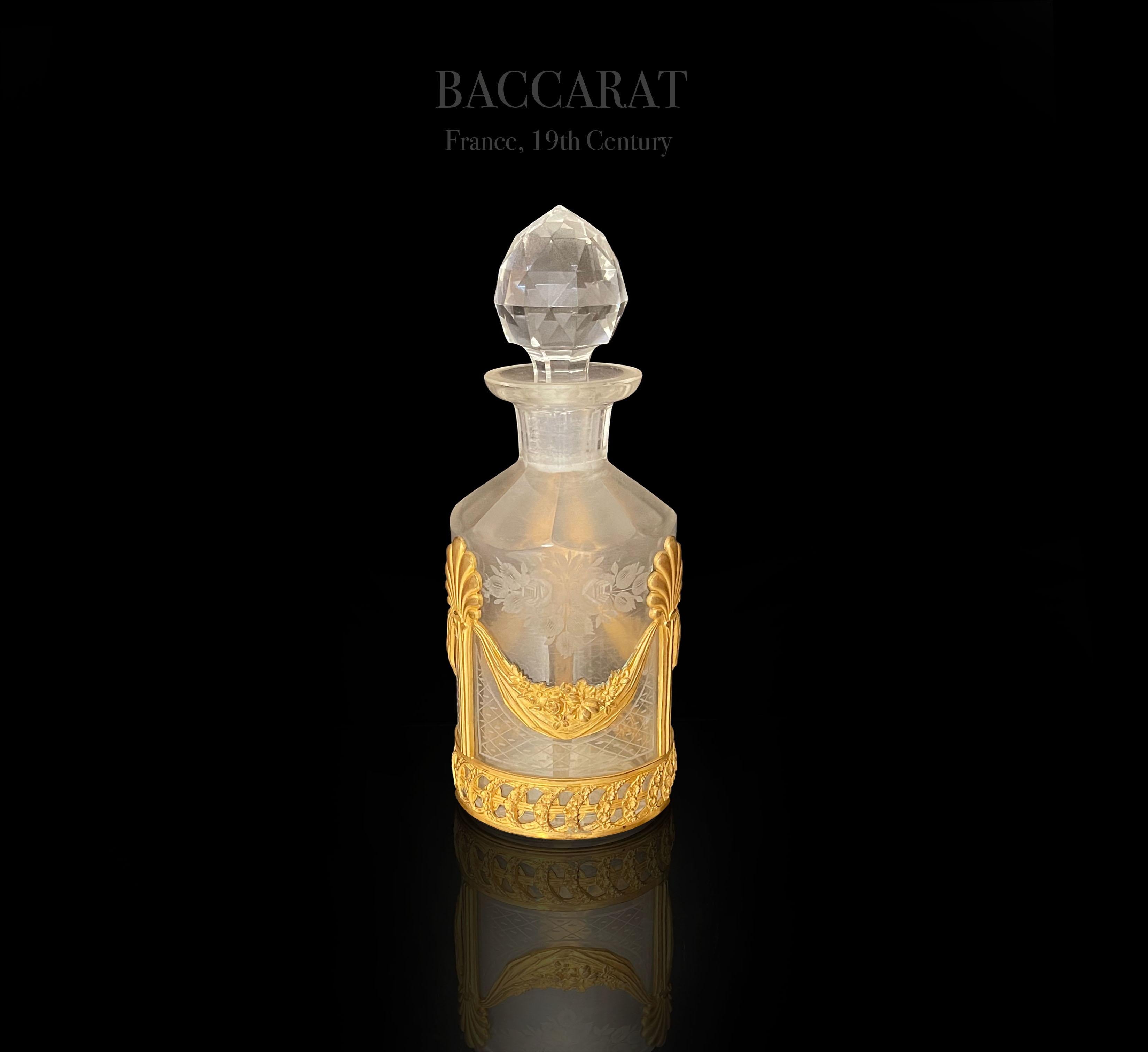 Magnificent 19th C. French Baccarat engraved crystal mounted bronze perfume bottle.


H: 8-3/4”

D: 3-1/4”

Baccarat Crystal (pronounced [baka?a]) is a French manufacturer of fine crystal located in Baccarat, France. The company owns two