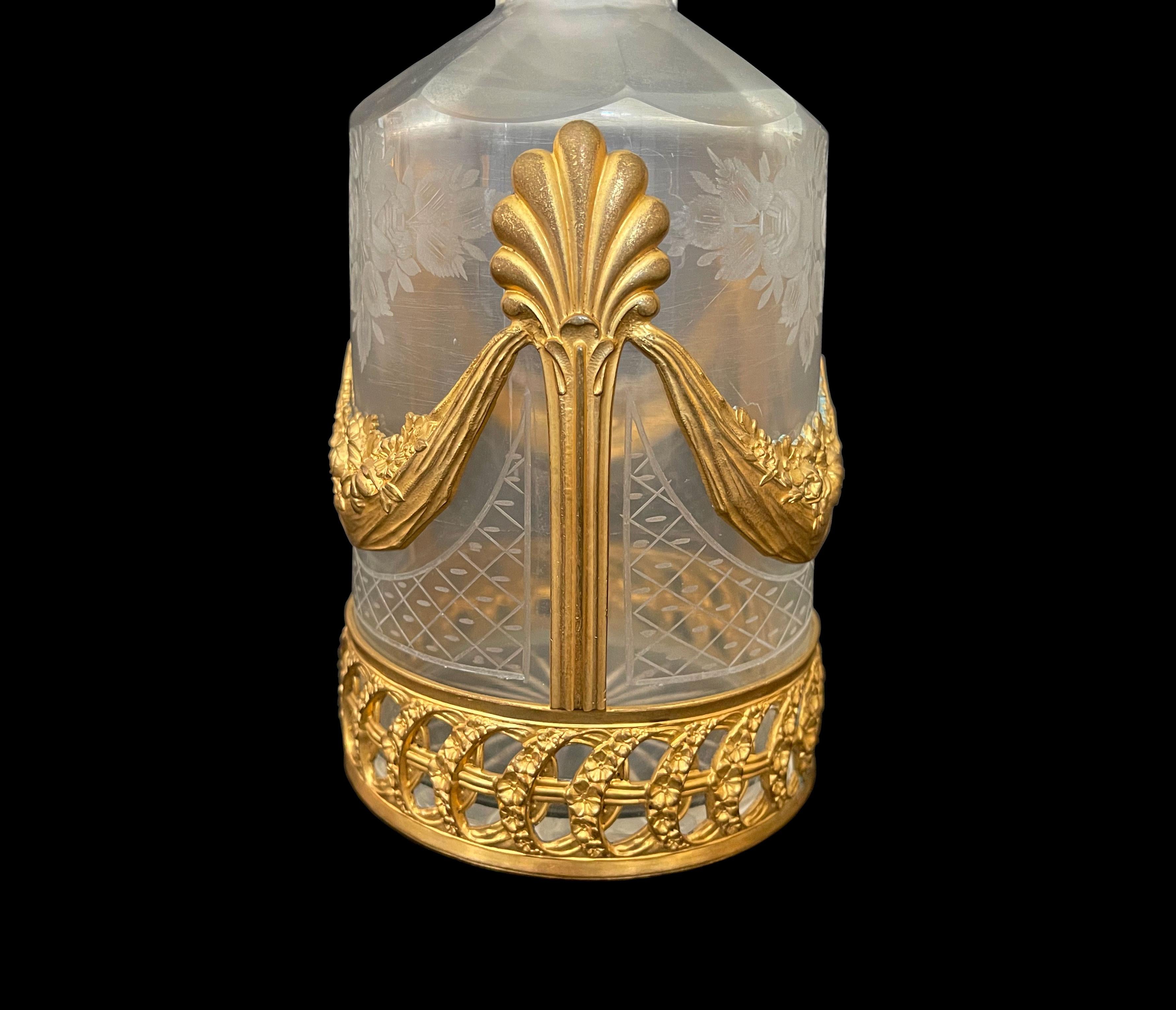 Louis XV 19th Century French Baccarat Engraved Crystal Mounted Bronze Perfume Bottle For Sale