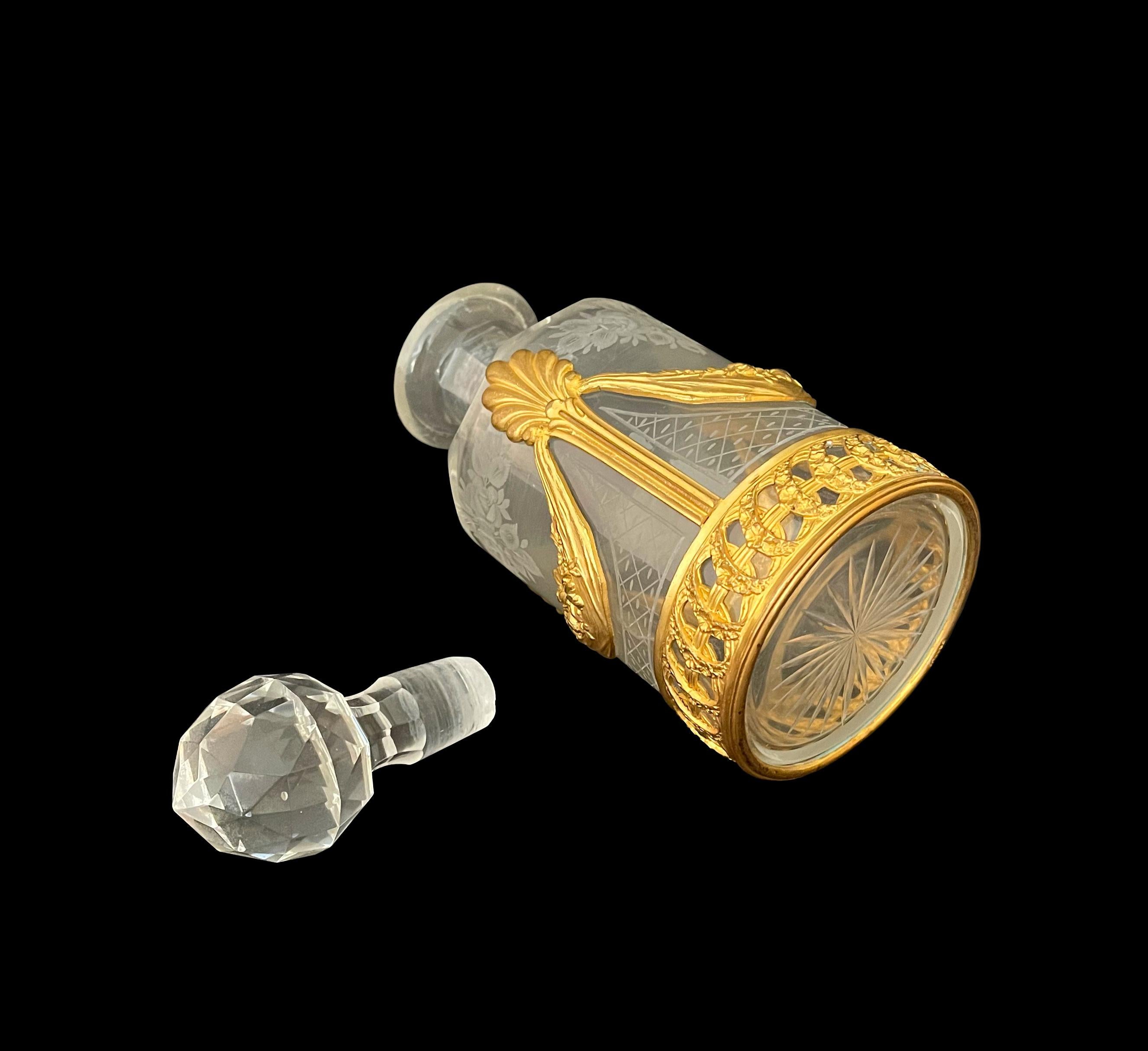 Hand-Carved 19th Century French Baccarat Engraved Crystal Mounted Bronze Perfume Bottle For Sale
