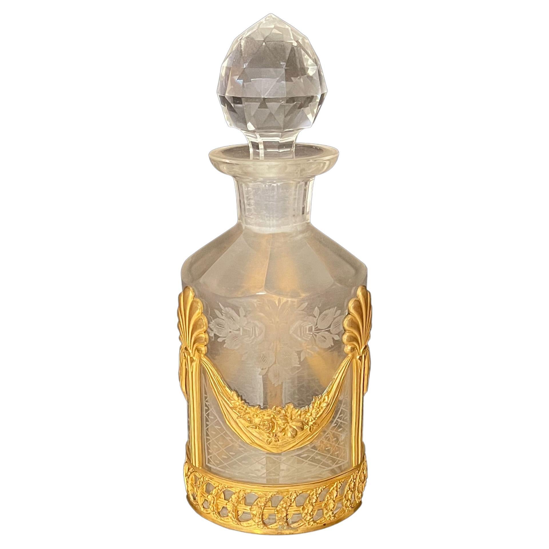 19th Century French Baccarat Engraved Crystal Mounted Bronze Perfume Bottle For Sale