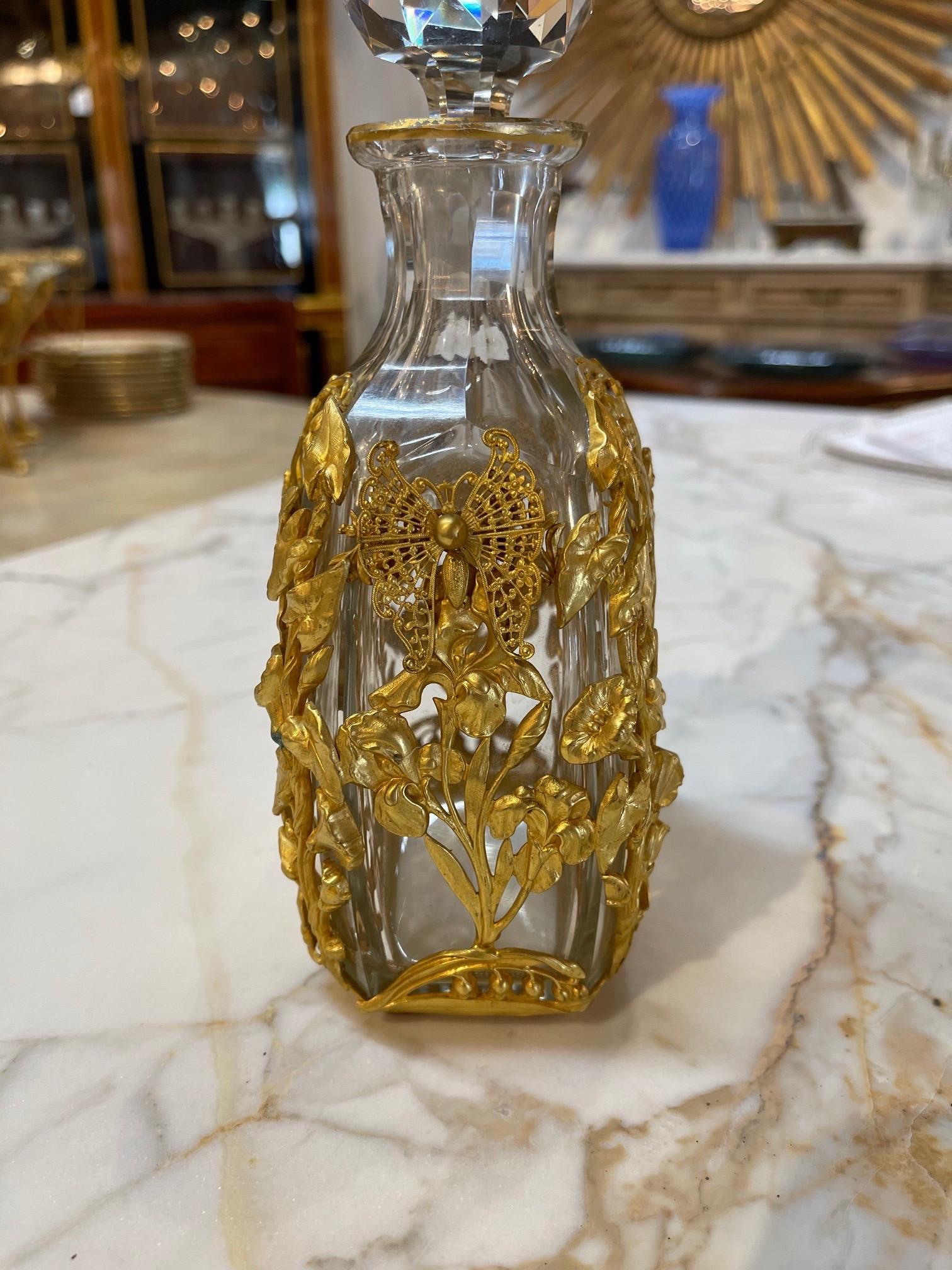 Glass 19th Century French Baccarat Style Bronze Dore Bottle For Sale