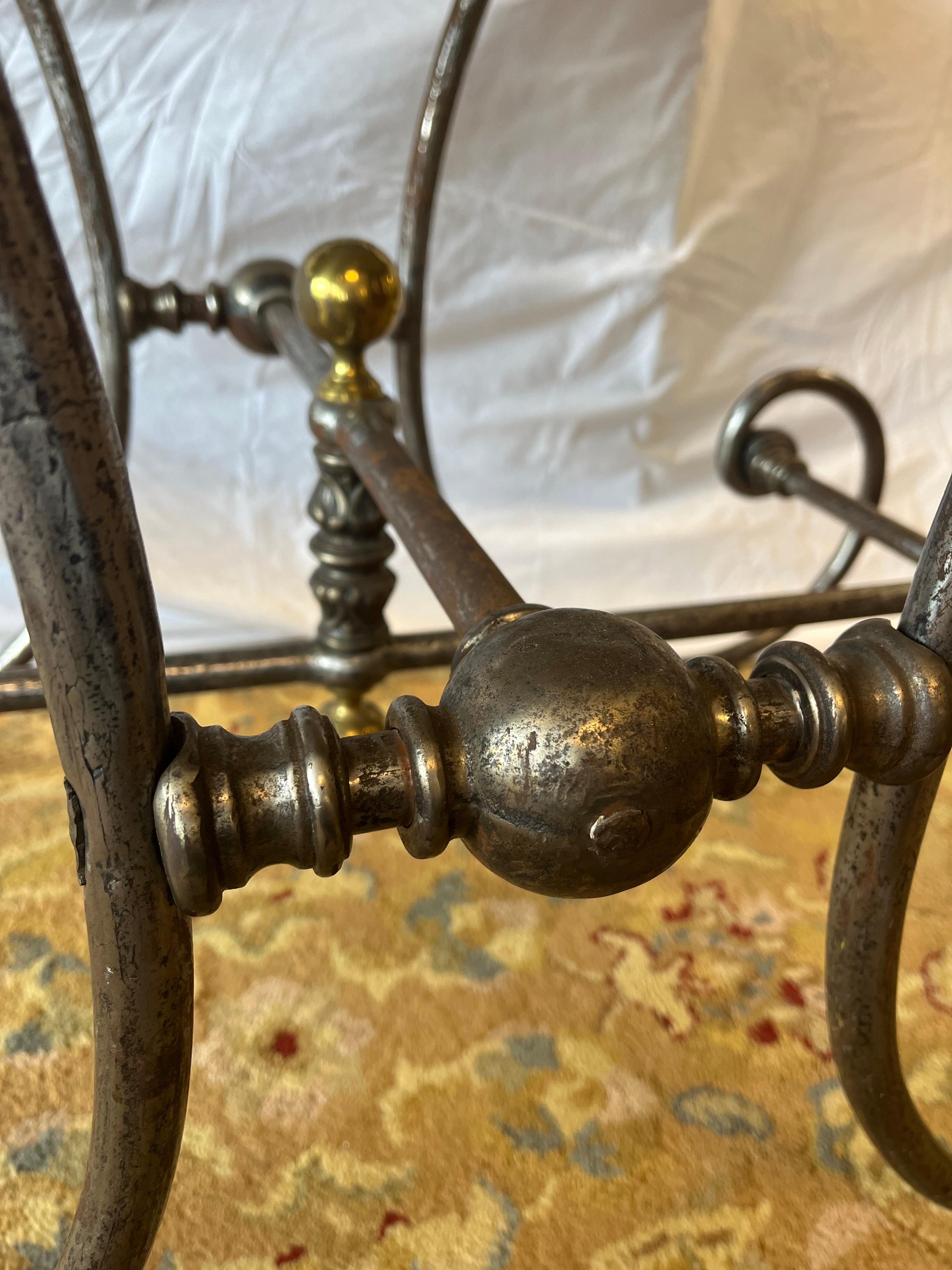 19th Century French Bakers Table Thick Marble Top Brass and Steel Ornate Base 5