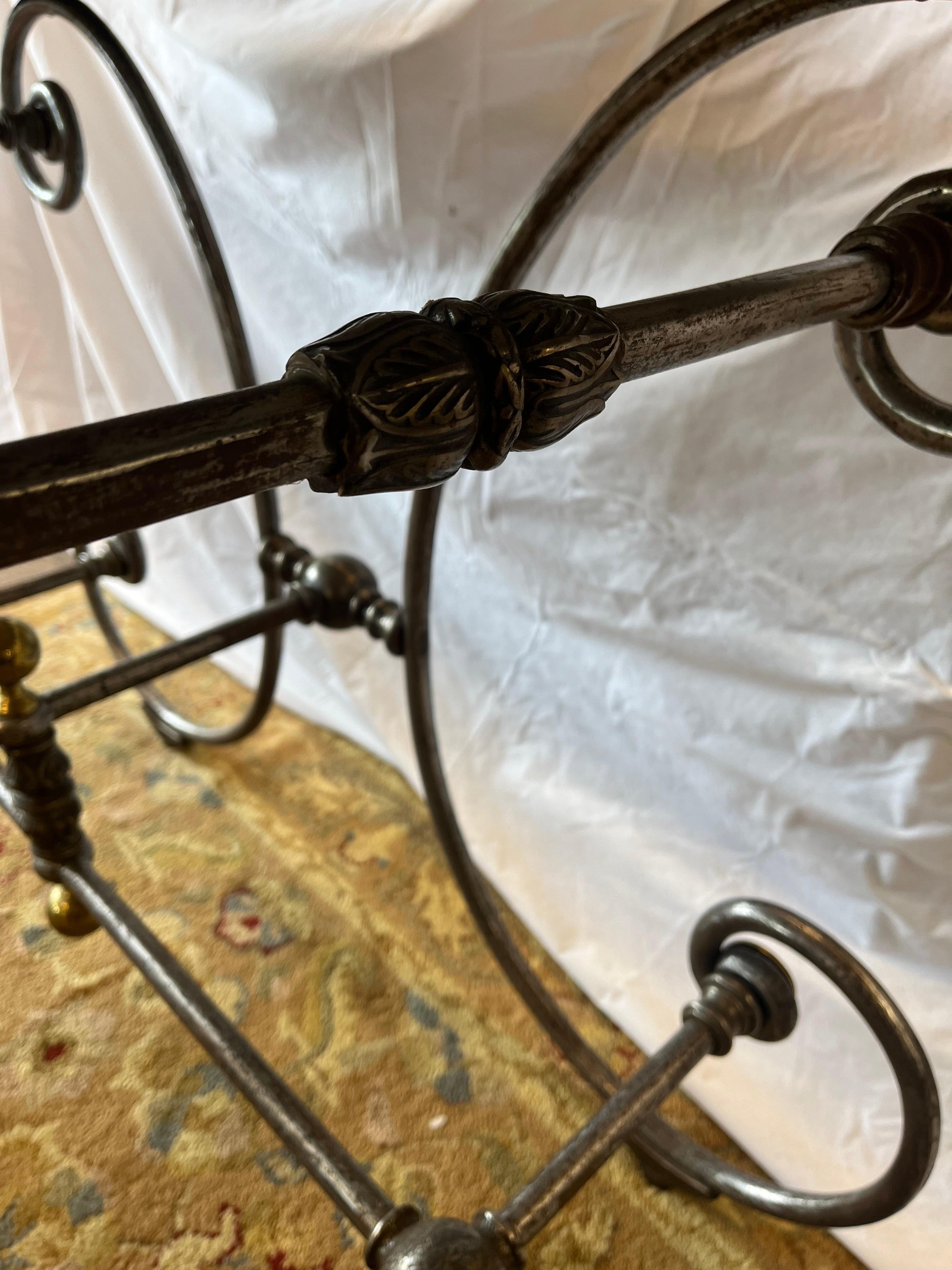 19th Century French Bakers Table Thick Marble Top Brass and Steel Ornate Base 10