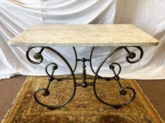19th Century French Bakers Table Thick Marble Top Brass and Steel Ornate Base