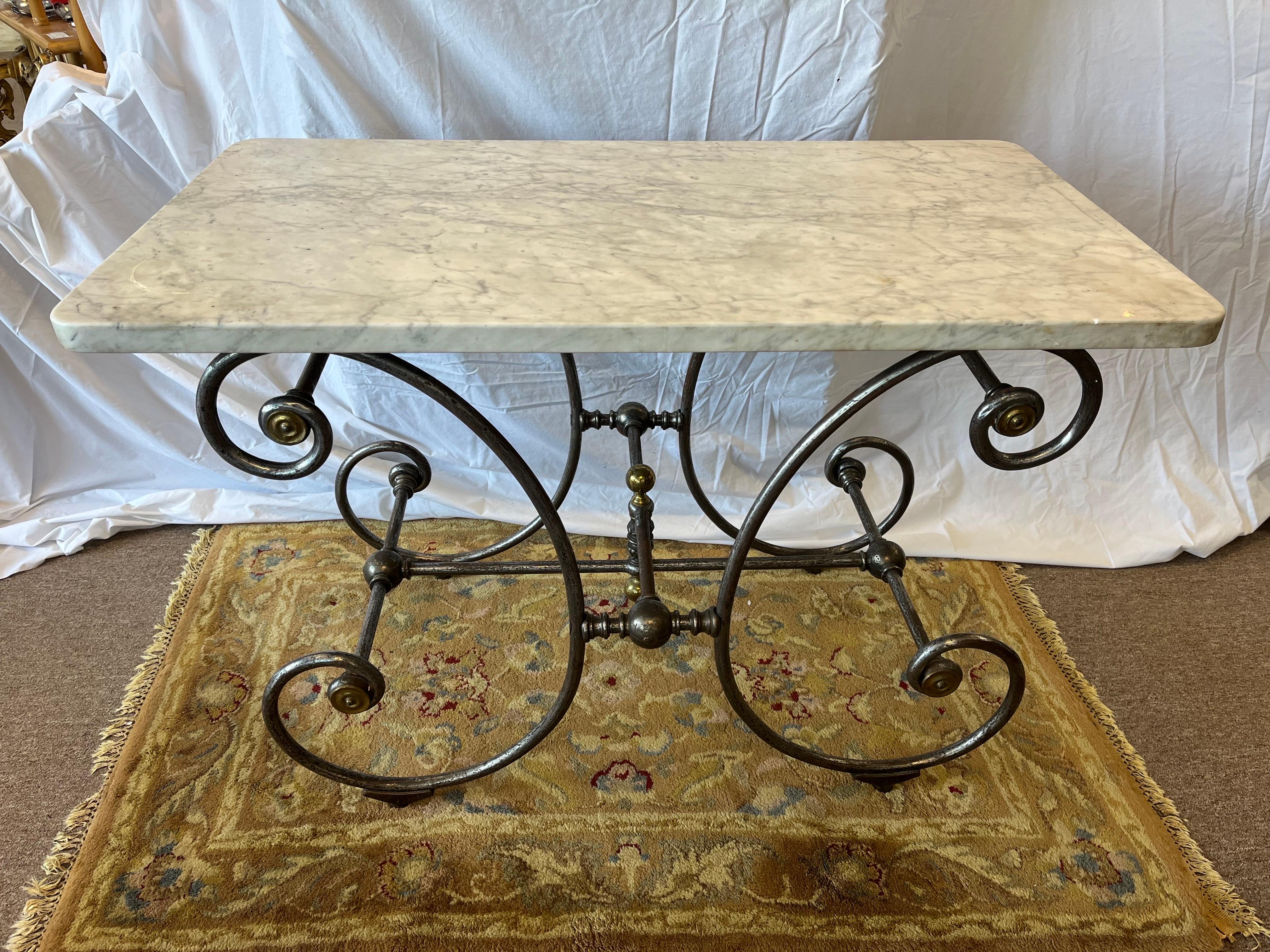 Napoleon III 19th Century French Bakers Table Thick Marble Top Brass and Steel Ornate Base