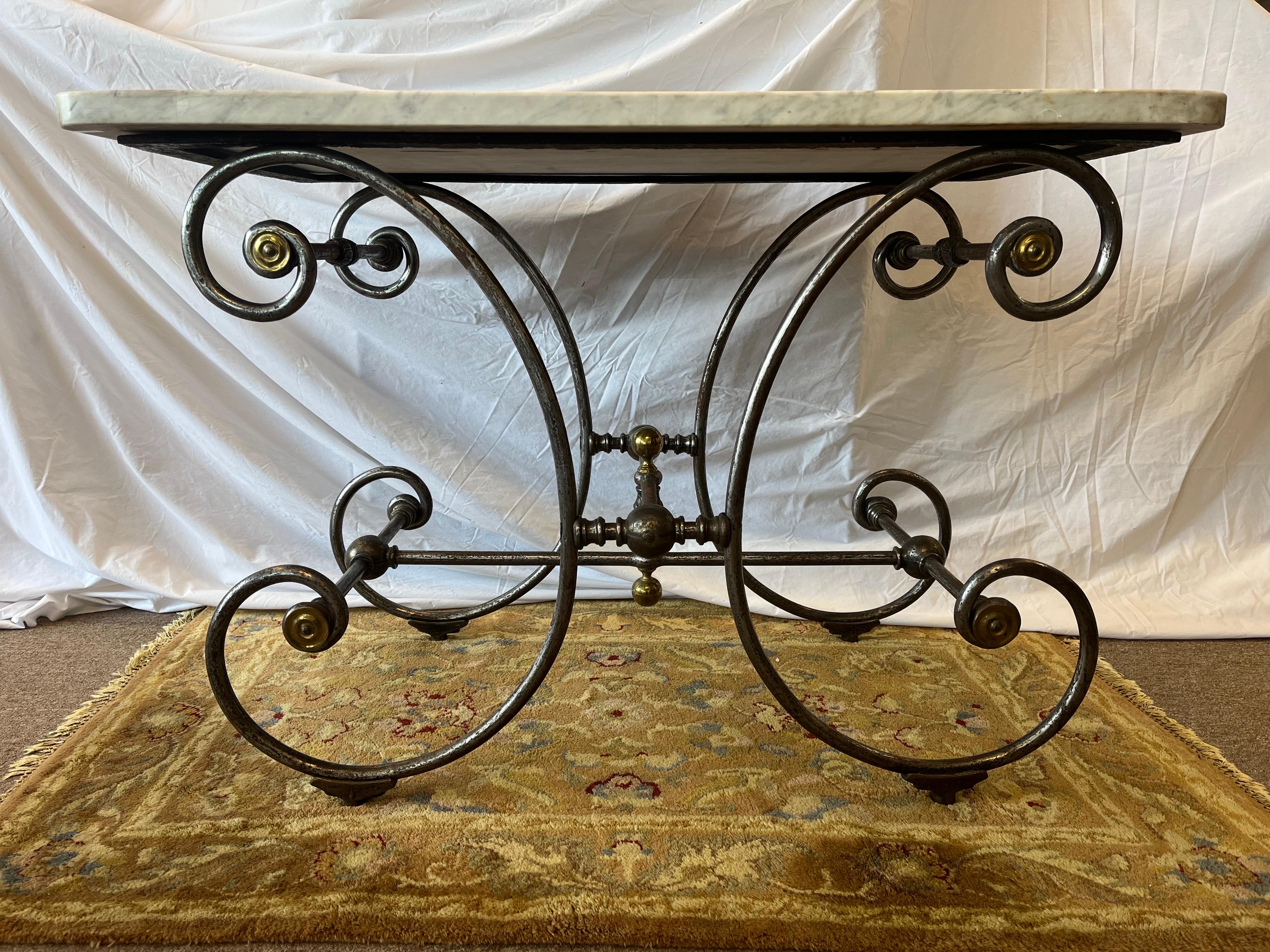Forged 19th Century French Bakers Table Thick Marble Top Brass and Steel Ornate Base