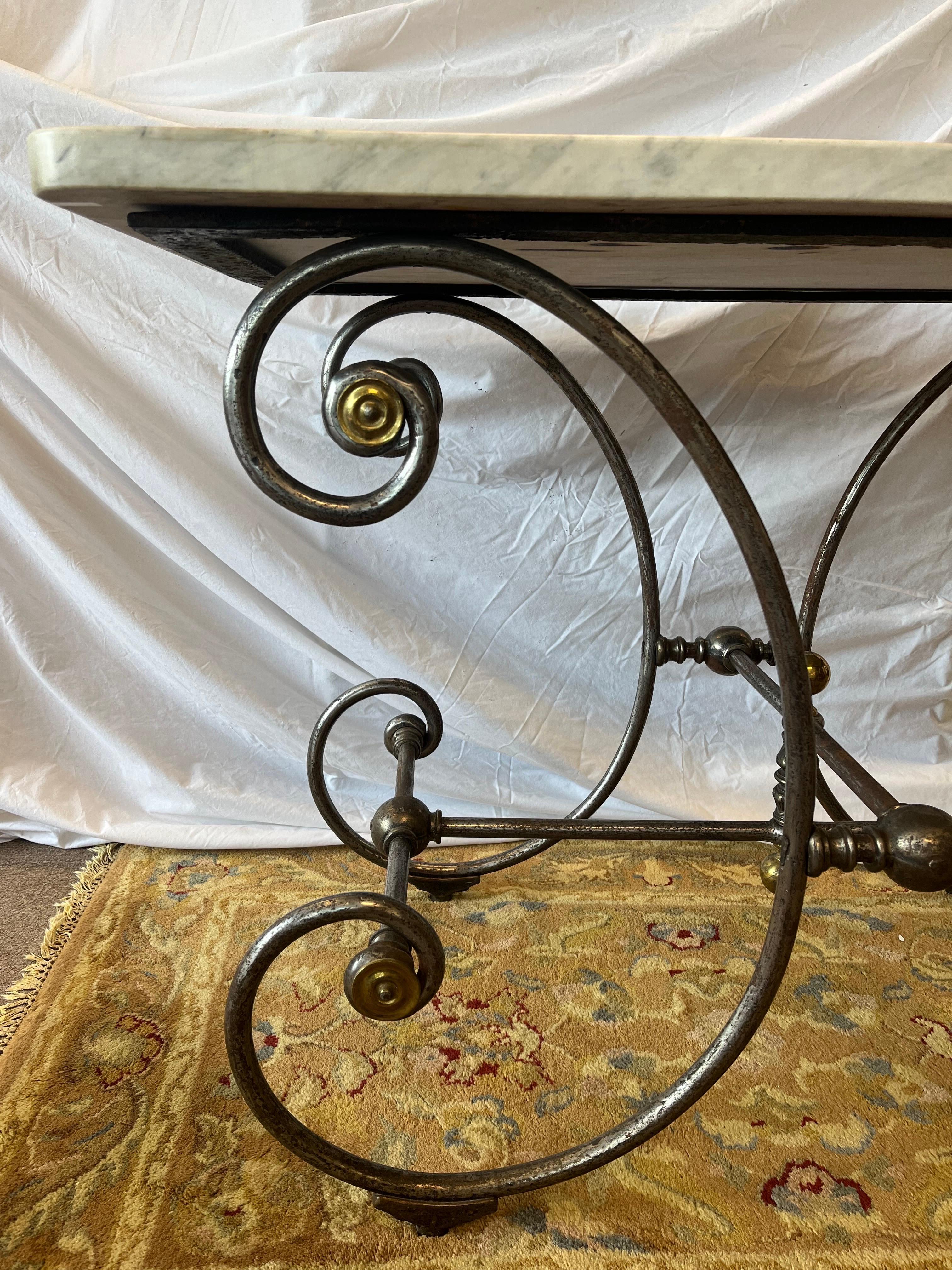 19th Century French Bakers Table Thick Marble Top Brass and Steel Ornate Base In Good Condition In Atlanta, GA