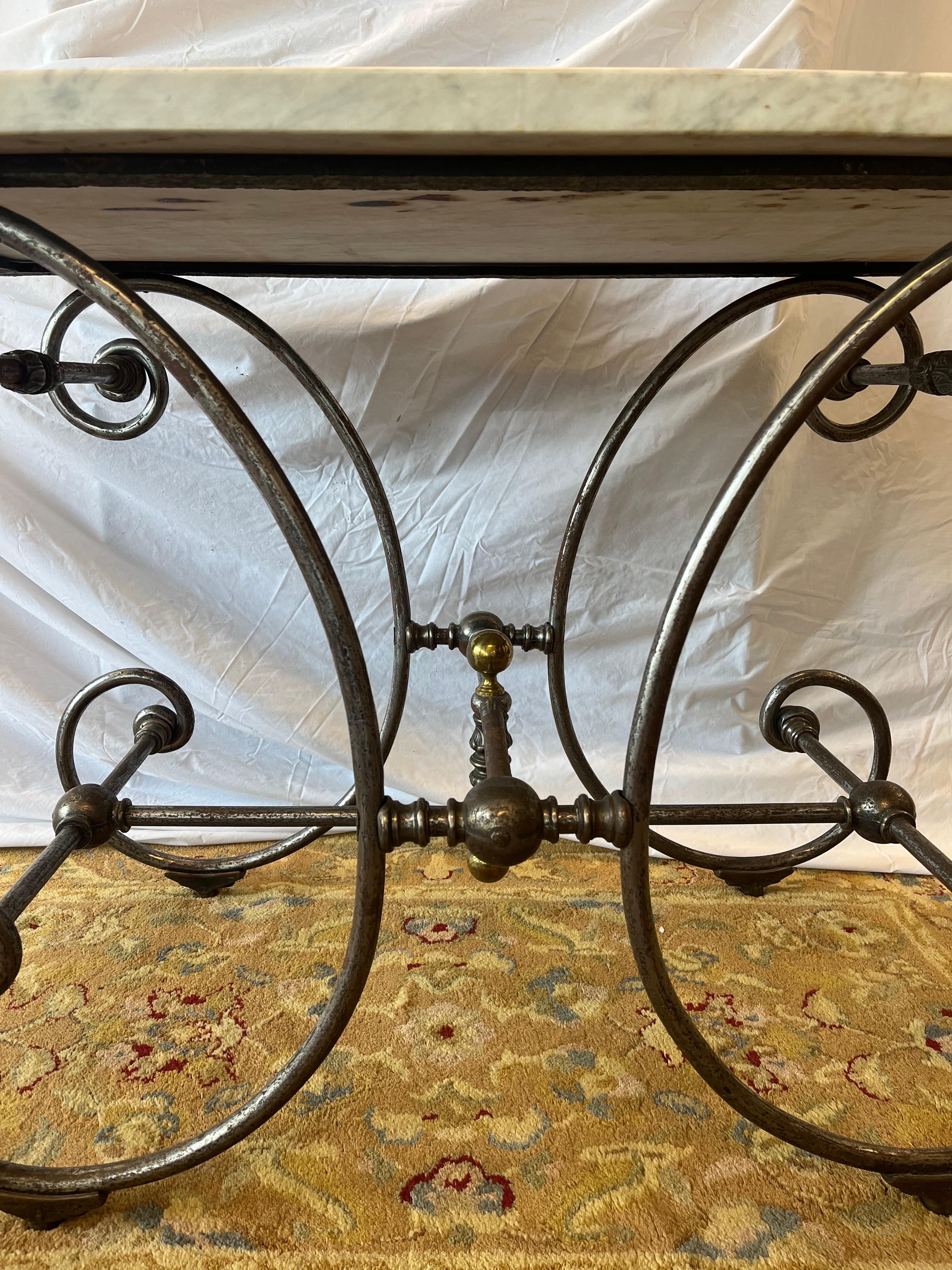 19th Century French Bakers Table Thick Marble Top Brass and Steel Ornate Base 1