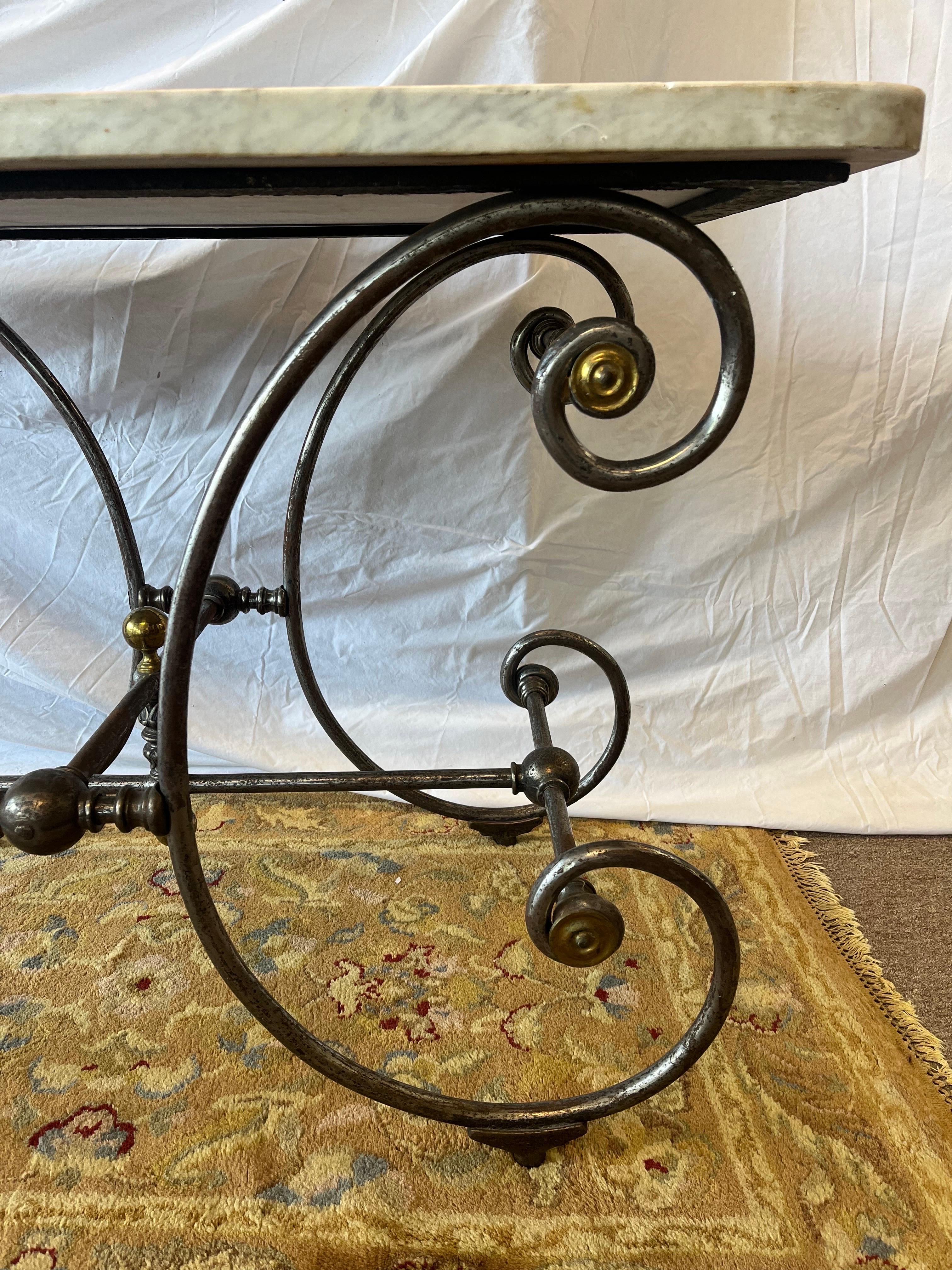 19th Century French Bakers Table Thick Marble Top Brass and Steel Ornate Base 2