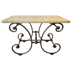 19th Century French Bakers Table Thick Marble Top Brass and Steel Ornate Base