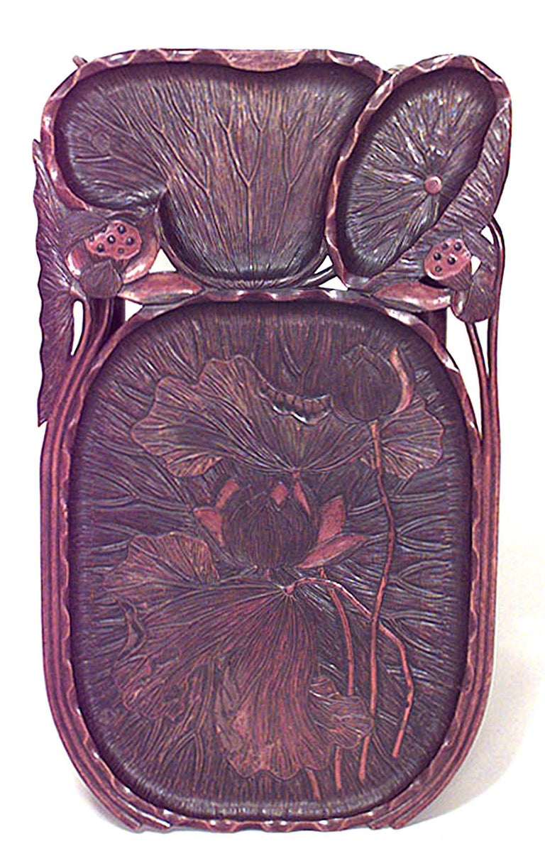 Art Nouveau Bamboo Carved Lily Pad End Table For Sale