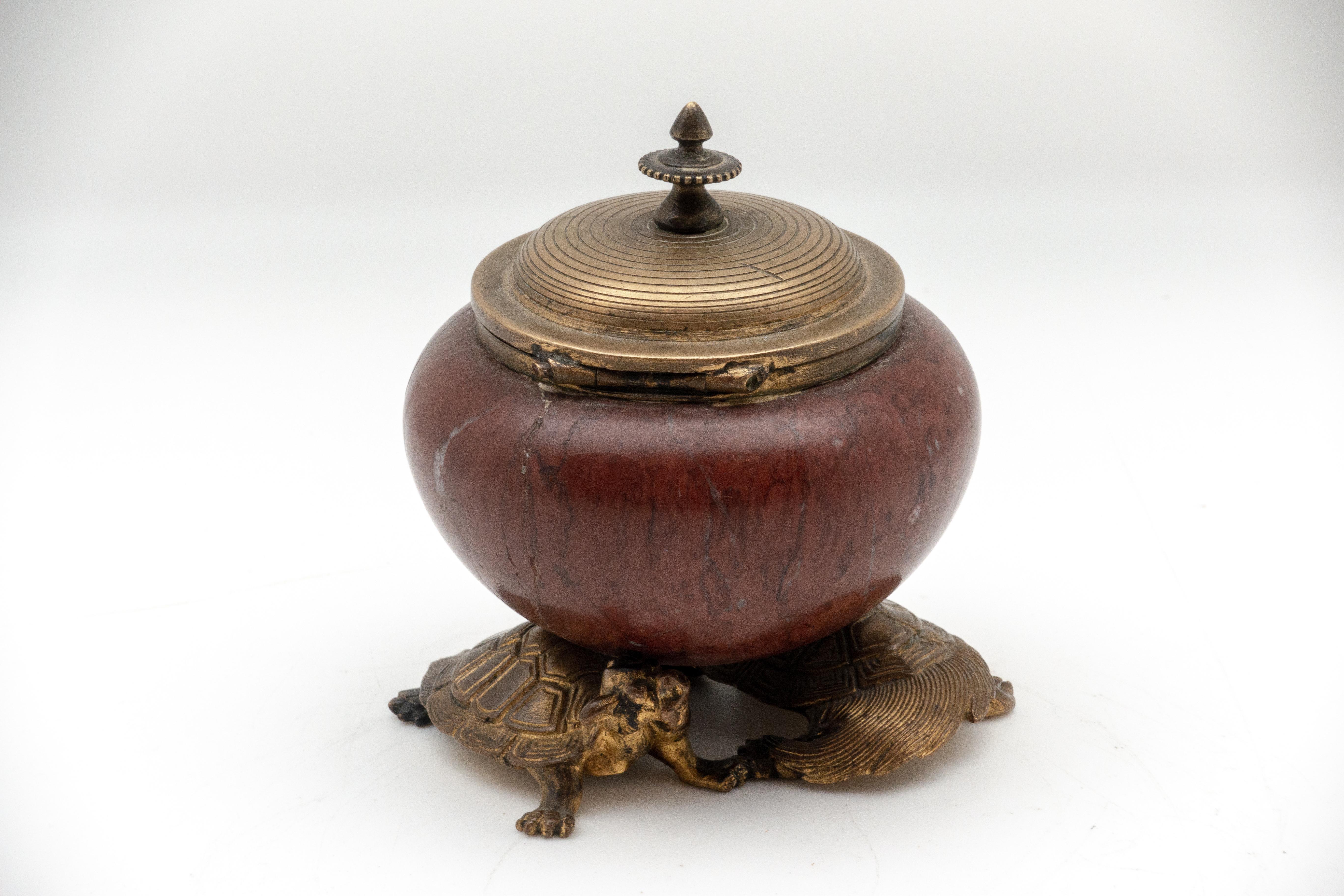 19th century French Barbedienne gilded bronze and rouge griotte marble inkwell by Edouard Lièvre (French, 1828-1886). The 