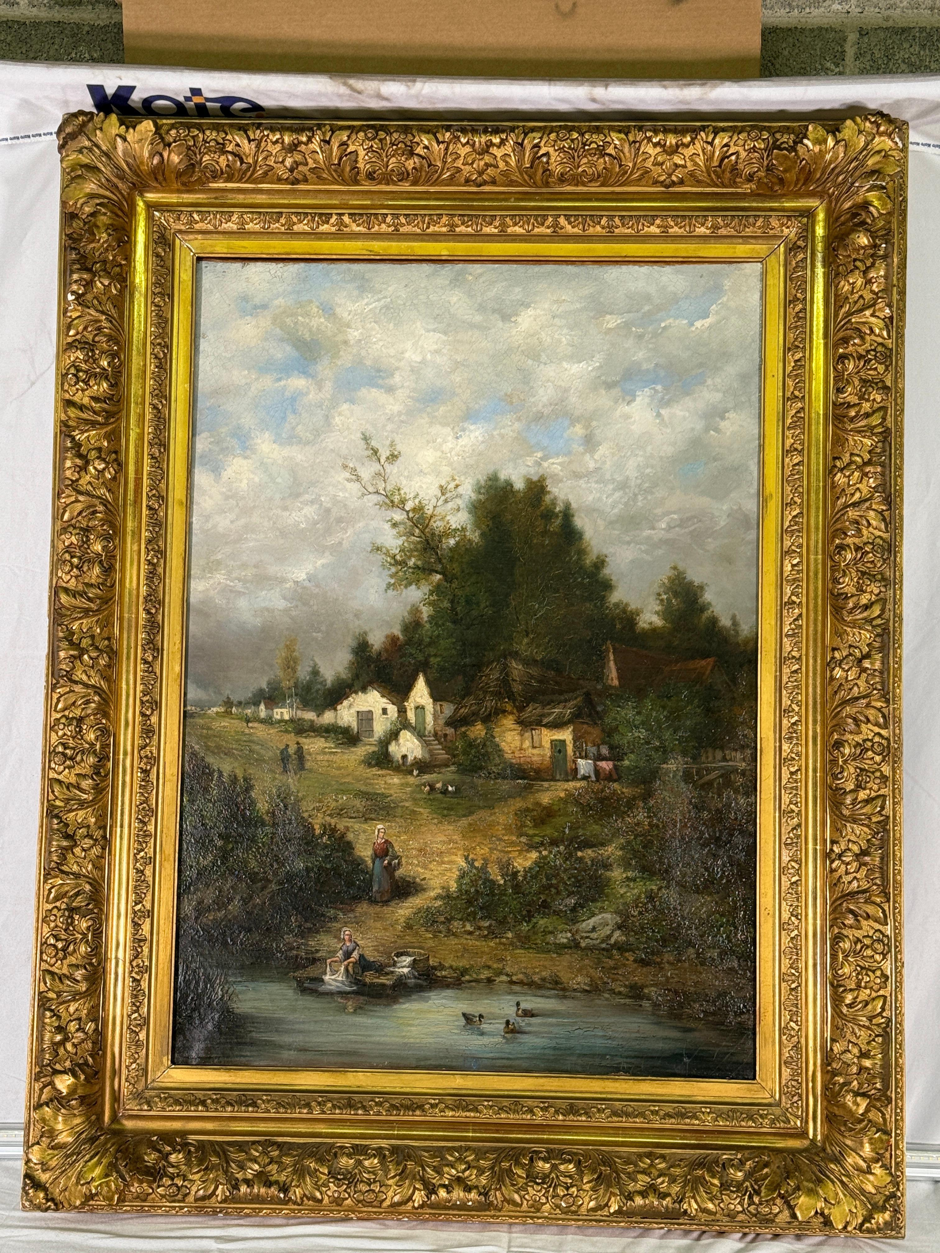 Französische Barbizon-Landschaft eines Dorfes aus der Zeit um 1880 im Zustand „Gut“ im Angebot in Scottsdale, AZ