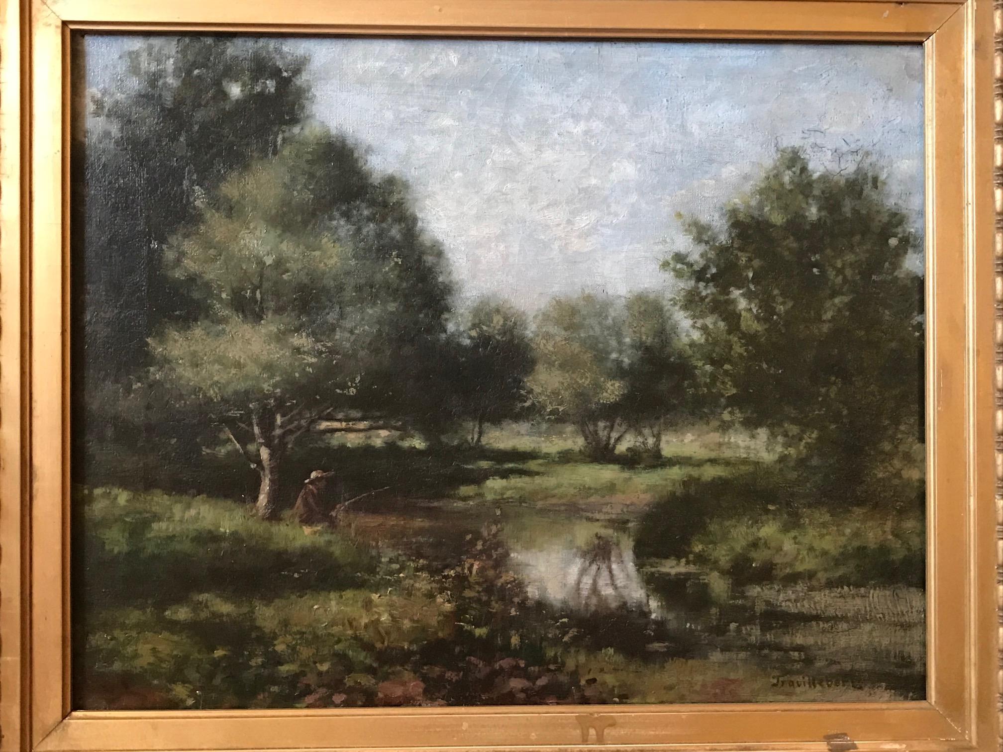 This is a beautiful landscape painting from the French Barbizon School. The oil painting on canvas shows the typical style of atmospheric silvery landscape in cool damp colors. It is signed on the lower right - TROUILLEBERT -. The painting is housed