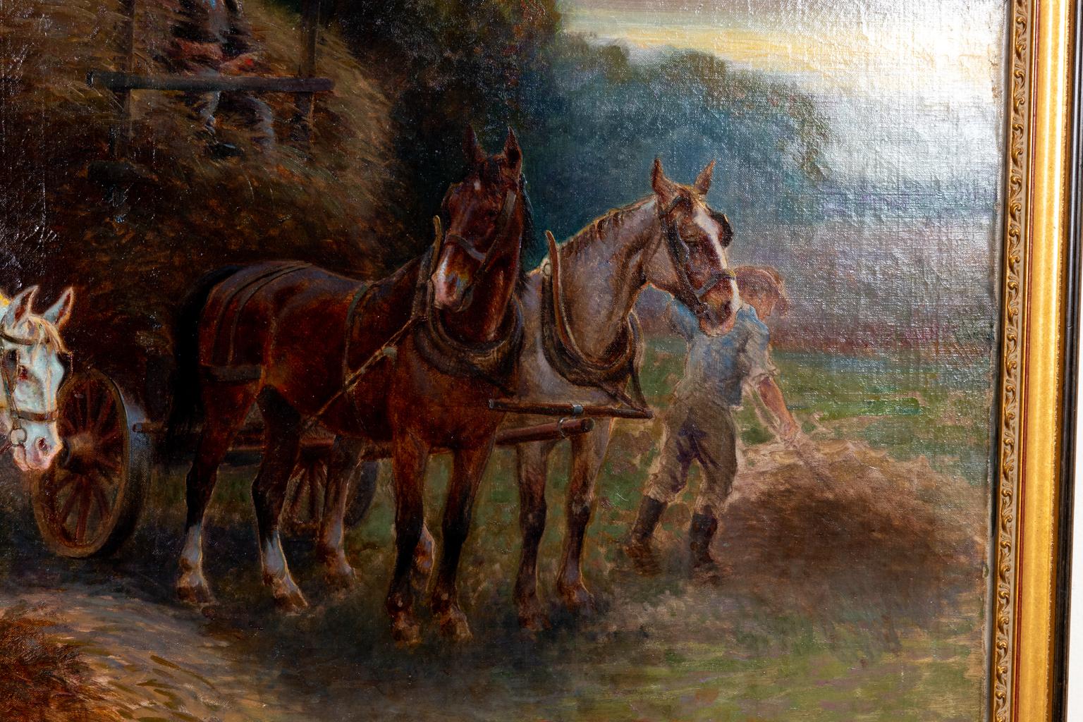 Circa 19th century framed Barbizon School painting of hay making in the medium oil on canvas. Made in France. Please note of wear consistent with age.