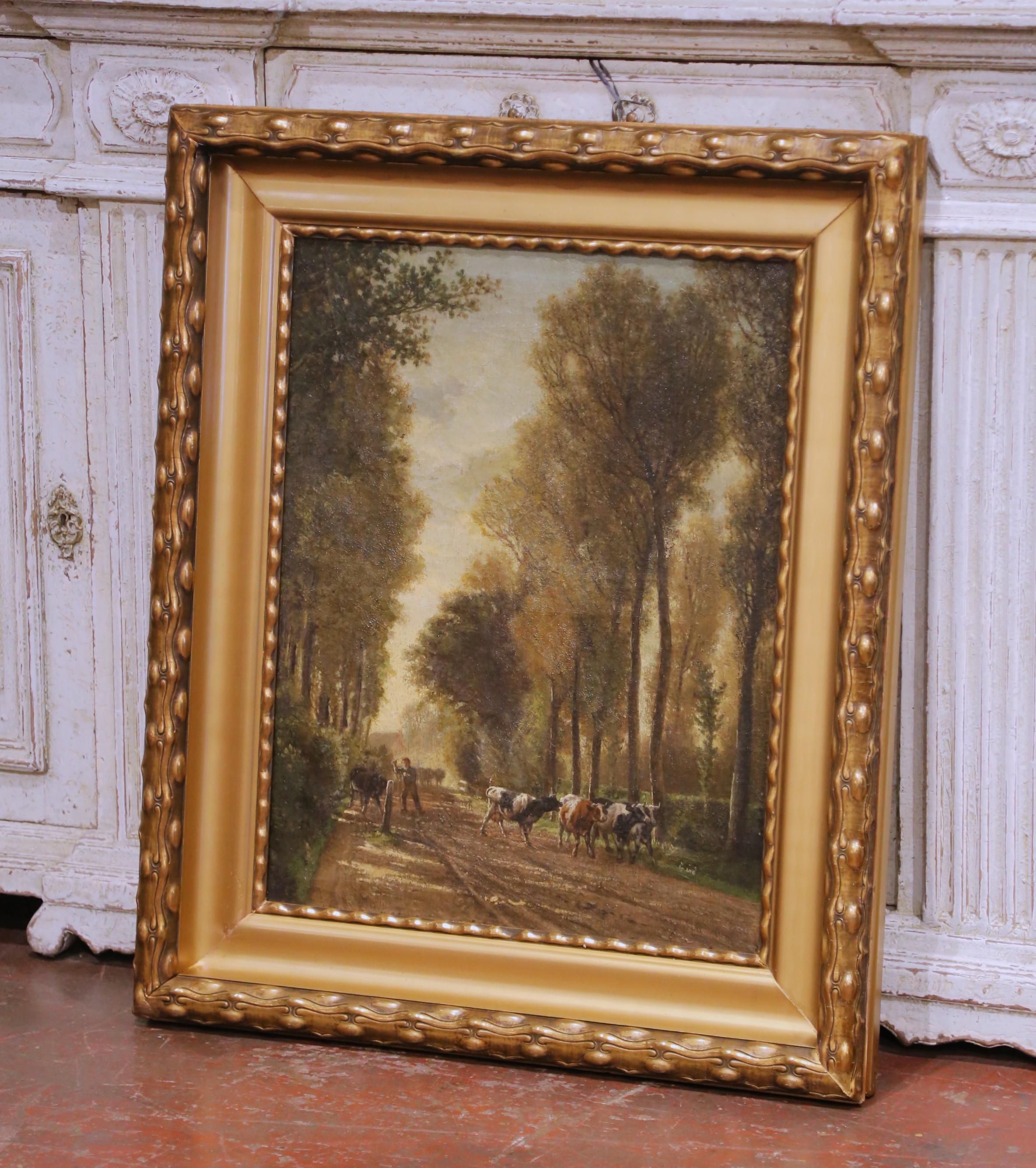 19th Century French Barbizon Style Landscape with Cattle in Gilt Frame ...