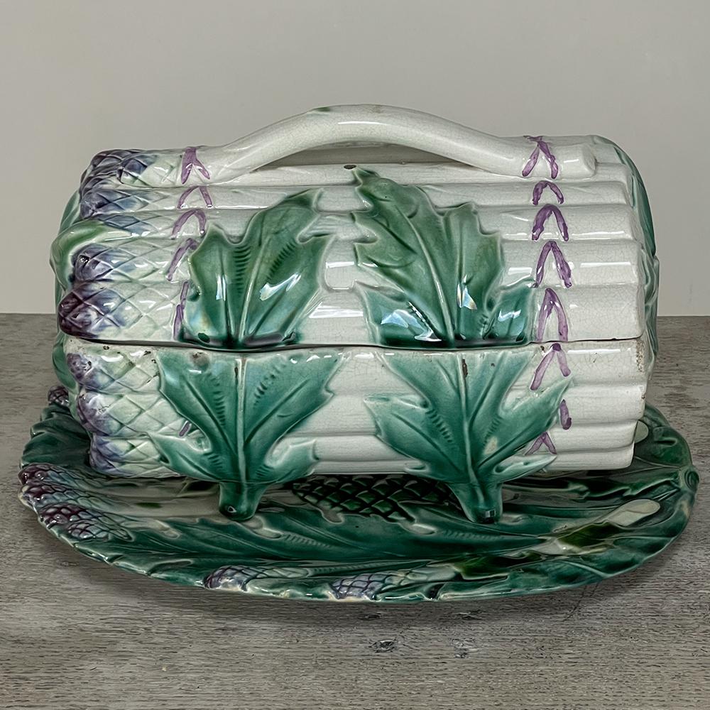 19th century French Barbotine Covered Asparagus Server with Matching Platter by Keller & Guerin is another rare find, to be sure! Surviving together for over a century, each still displays rich coloration thanks to the proprietary painting and