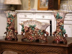 19th Century French Barbotine Cache Pot and Vases with Floral Motifs, Set of 3