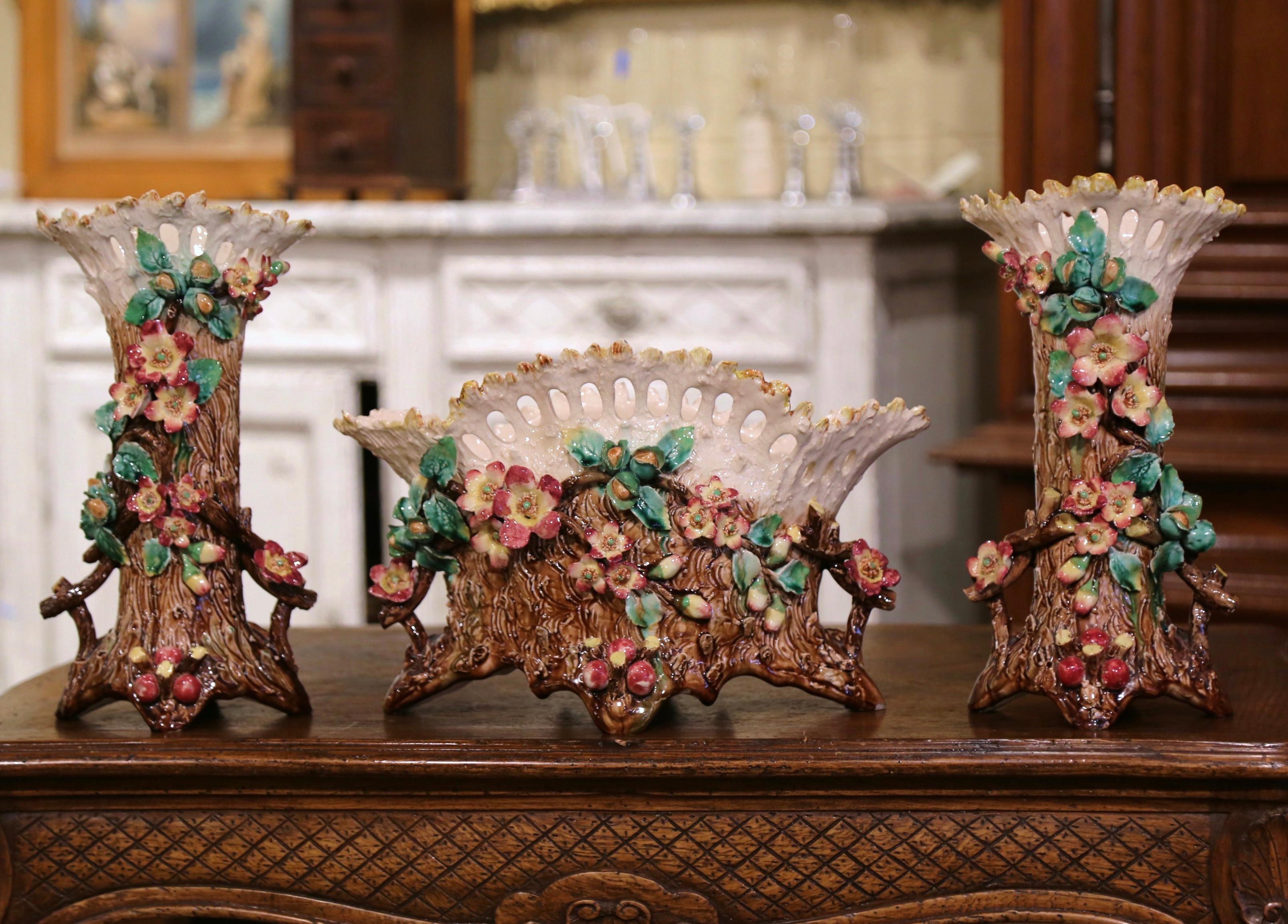19th Century French Barbotine Cache Pot and Vases with Floral Motifs, Set of 3 In Excellent Condition For Sale In Dallas, TX