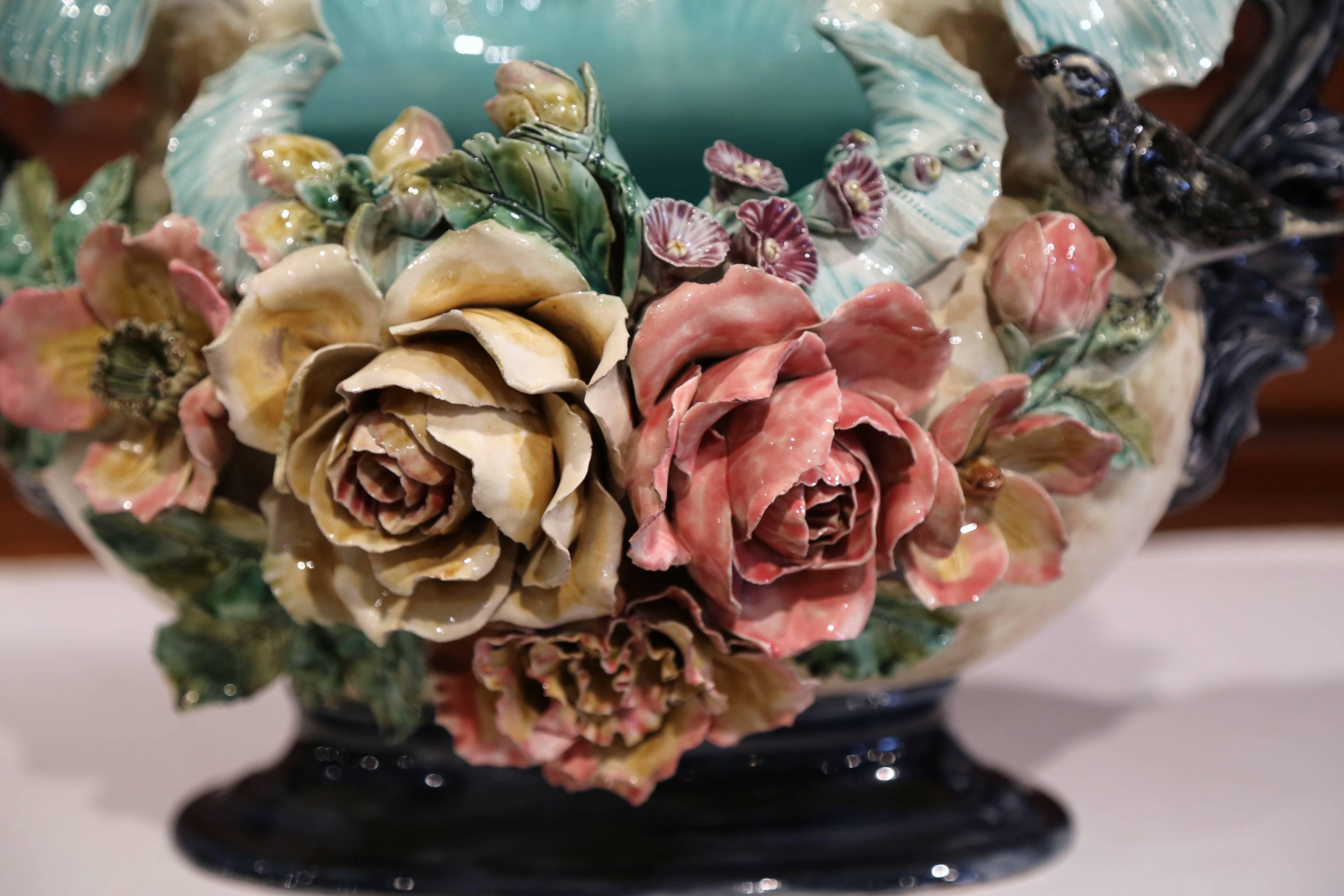 Hand-Crafted 19th Century French Barbotine Cachepot with Hand-Painted Flowers and Birds